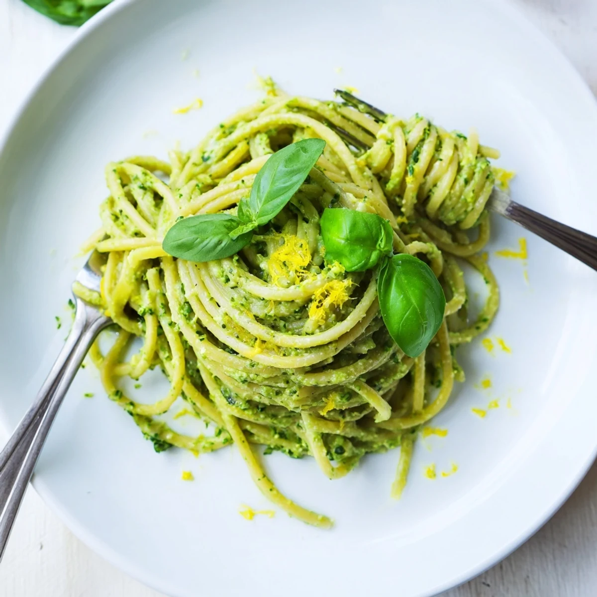 Creamy Avocado Pasta coated in a vibrant green sauce, ready to be garnished and enjoyed.