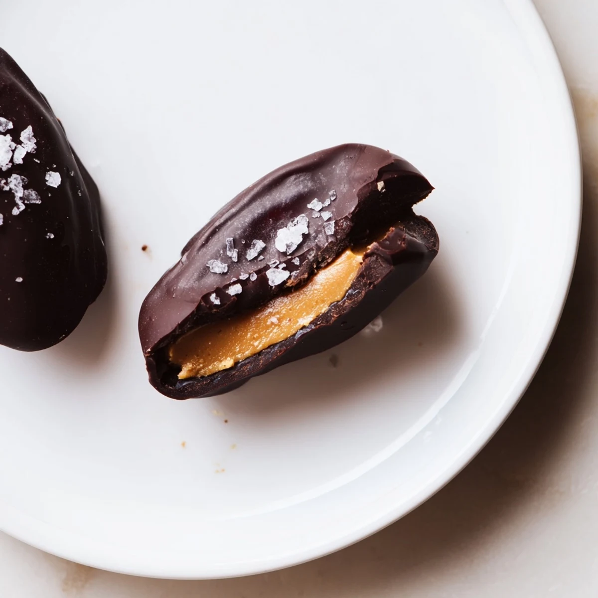 Dark chocolate-covered Chocolate Peanut Butter Dates, drizzled and dusted with sea salt for a sweet treat.