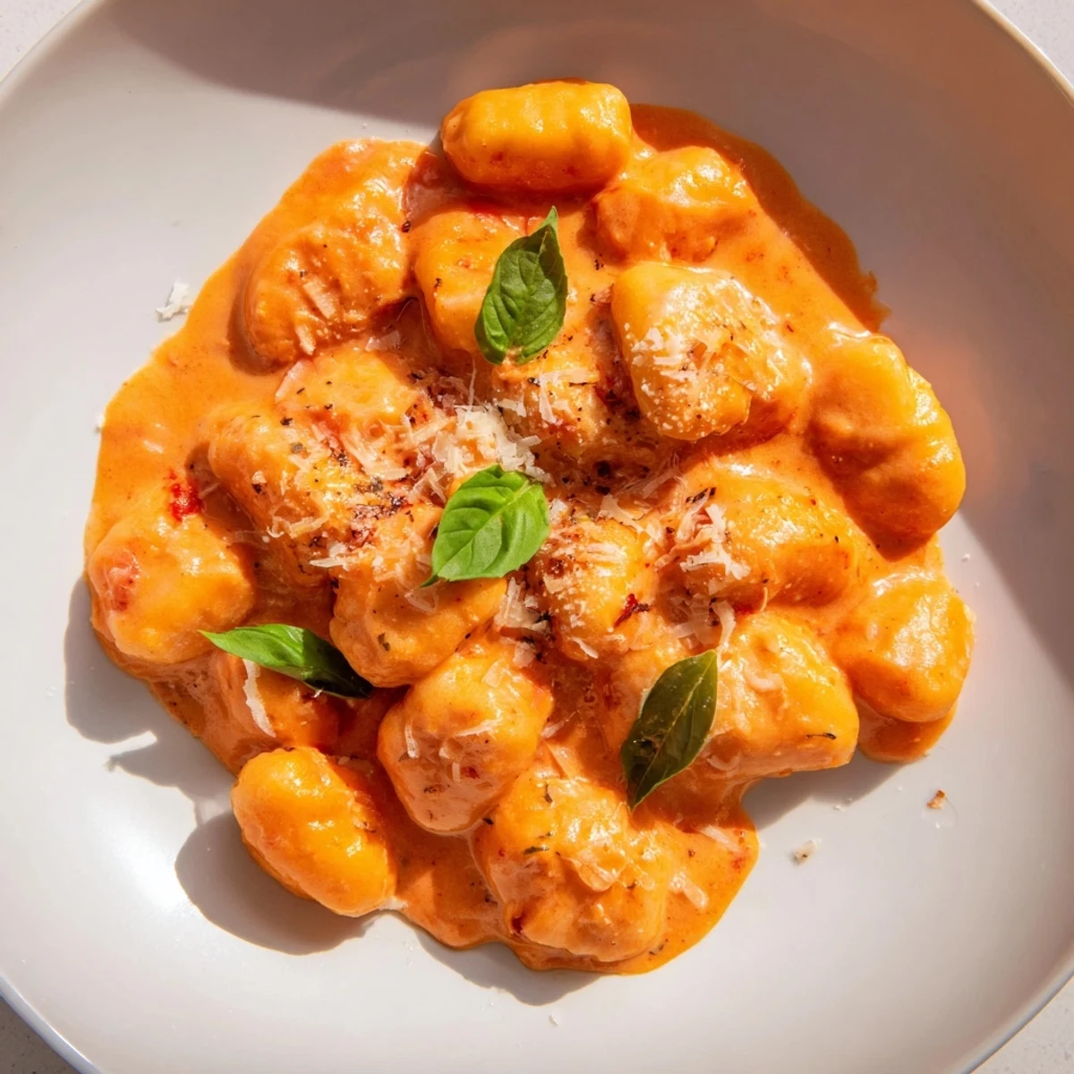 Creamy Tomato Gnocchi, a one-pan Italian delight, looks rich with parmesan and fresh basil garnish.