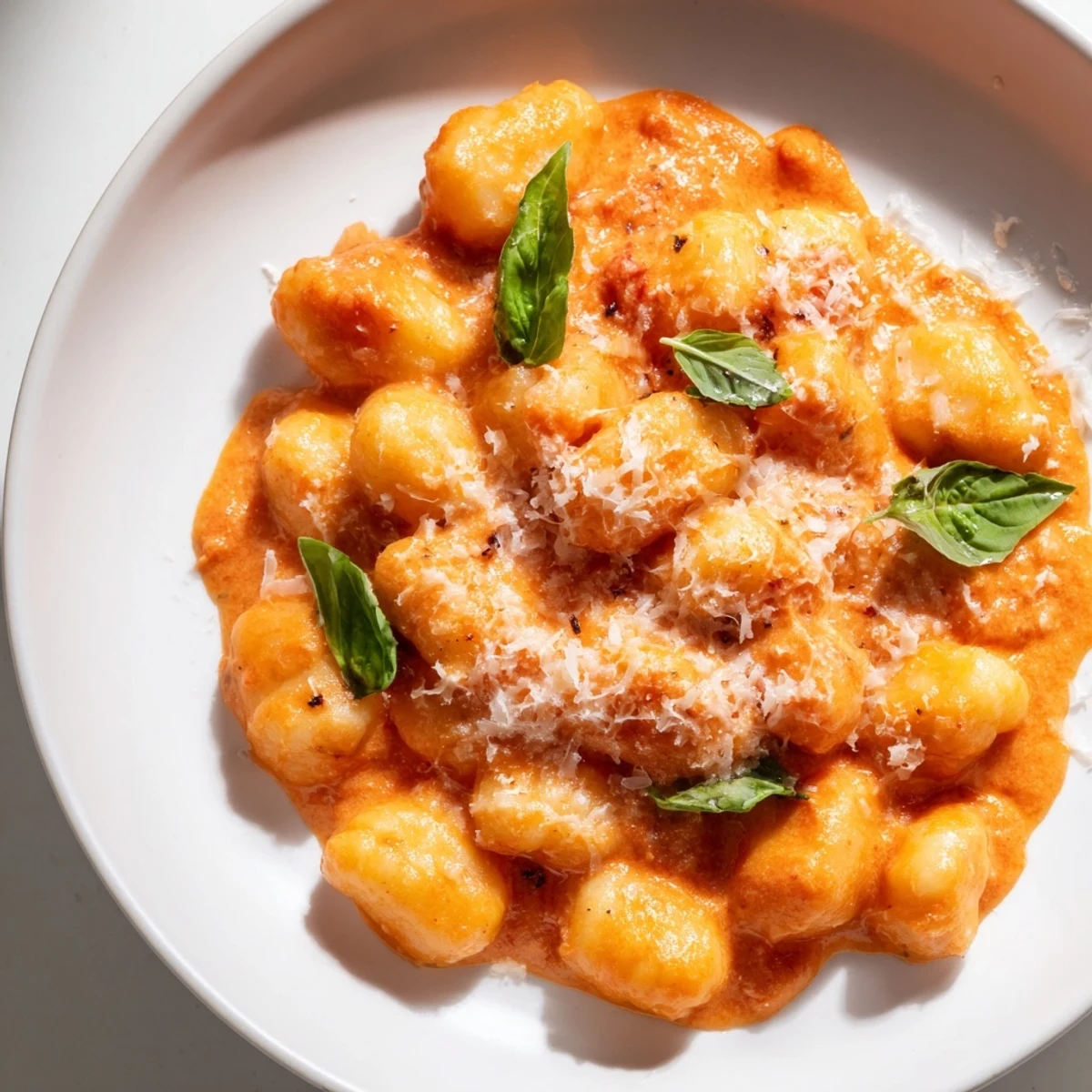 Enjoy a warm plate of Creamy Tomato Gnocchi with tender gnocchi and a flavorful tomato sauce.
