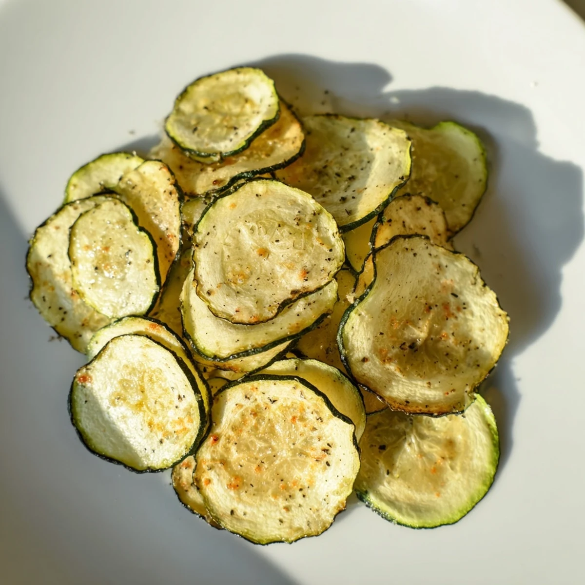 Golden, perfectly crispy zucchini chips, ready to eat, a flavorful and healthy snack option.