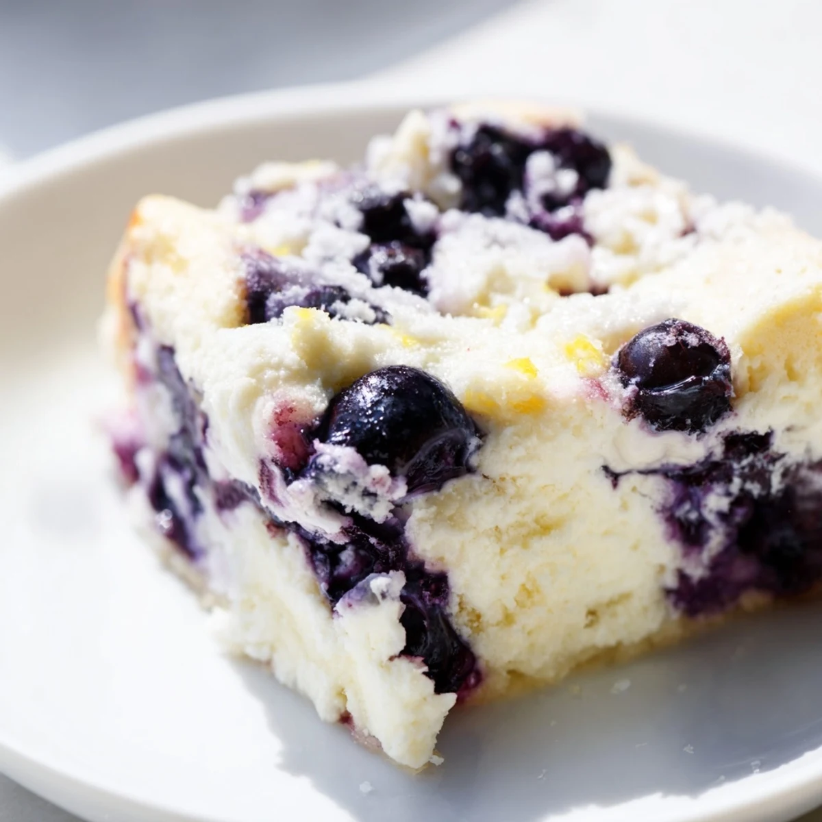 Fluffy Blueberry Cottage Cheese Bake, boasting plump blueberries and a golden, baked top.