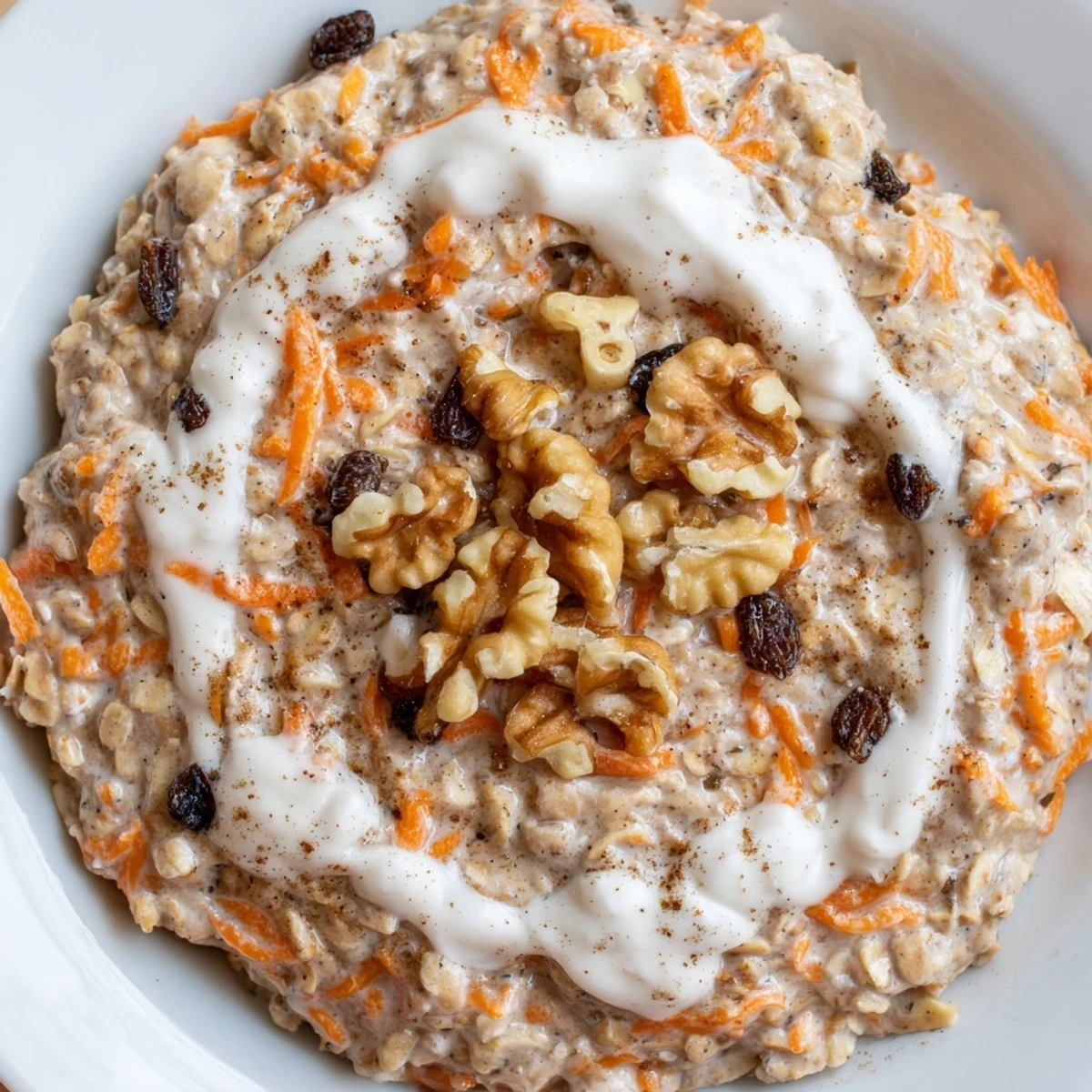 Creamy Carrot Cake Overnight Oats, layered with grated carrots and warm spices, ready to chill overnight.