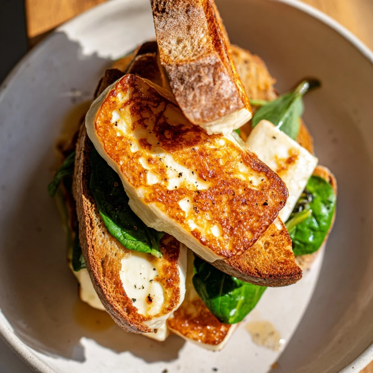 Golden, crispy halloumi grilled cheese sandwich, oozing slightly, ready to eat with a satisfying crunch.