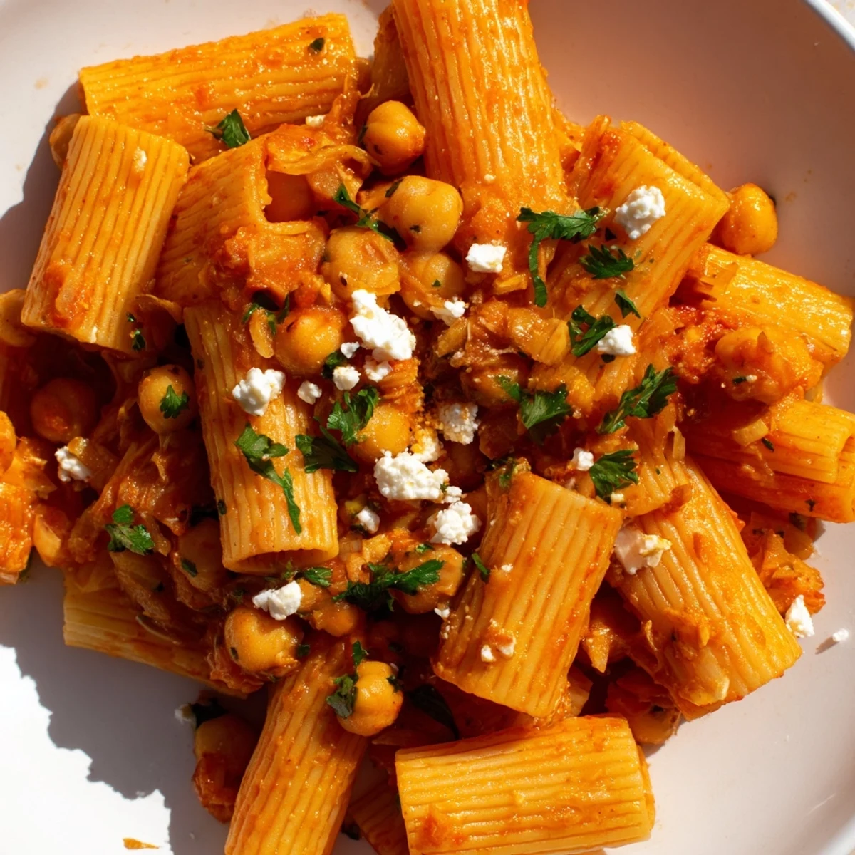 Steaming, vibrant Harissa Chickpea Pasta, a Mediterranean delight with aromatic spices and crumbled feta.