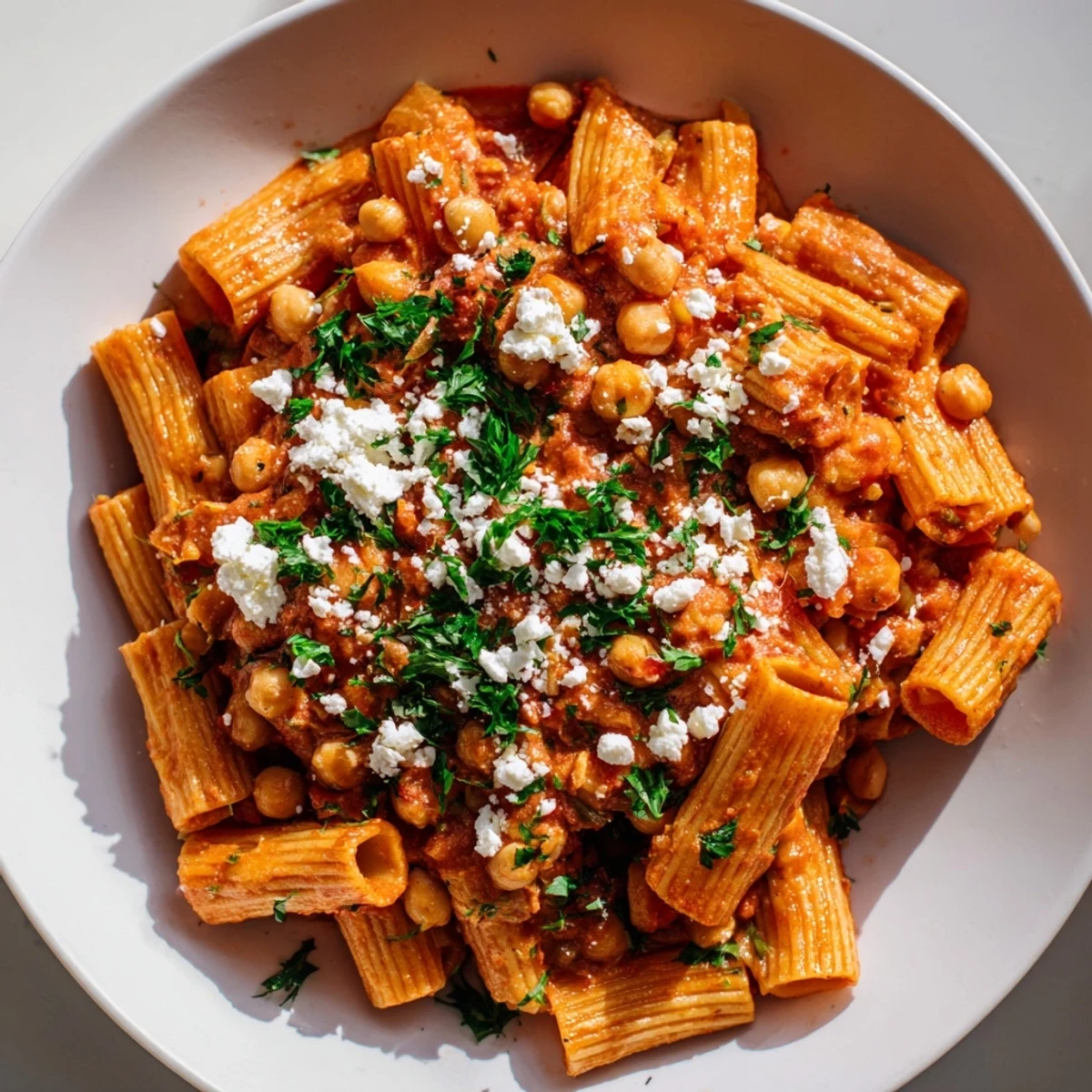 A close-up of hearty Harissa Chickpea Pasta, pasta coated in a rich, spicy sauce with tender chickpeas.