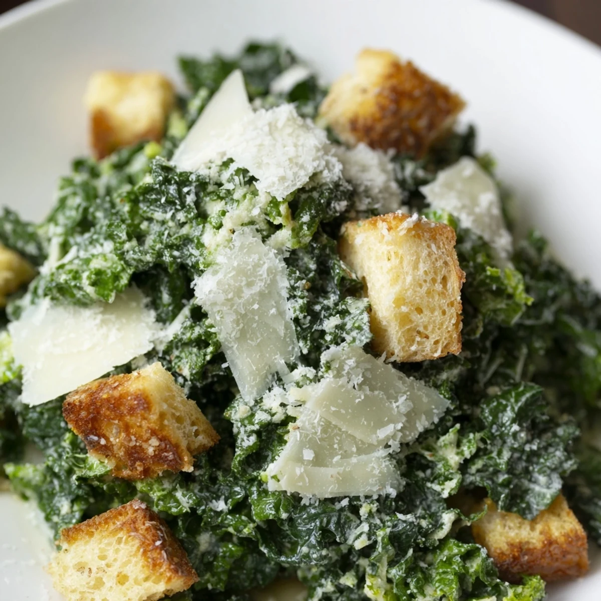 Fresh and flavorful Kale Caesar Salad with crispy croutons and creamy homemade dressing.