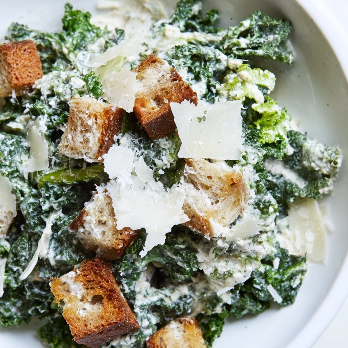 Enjoy a bowl of this delicious Kale Caesar Salad, featuring tender kale and savory dressing.