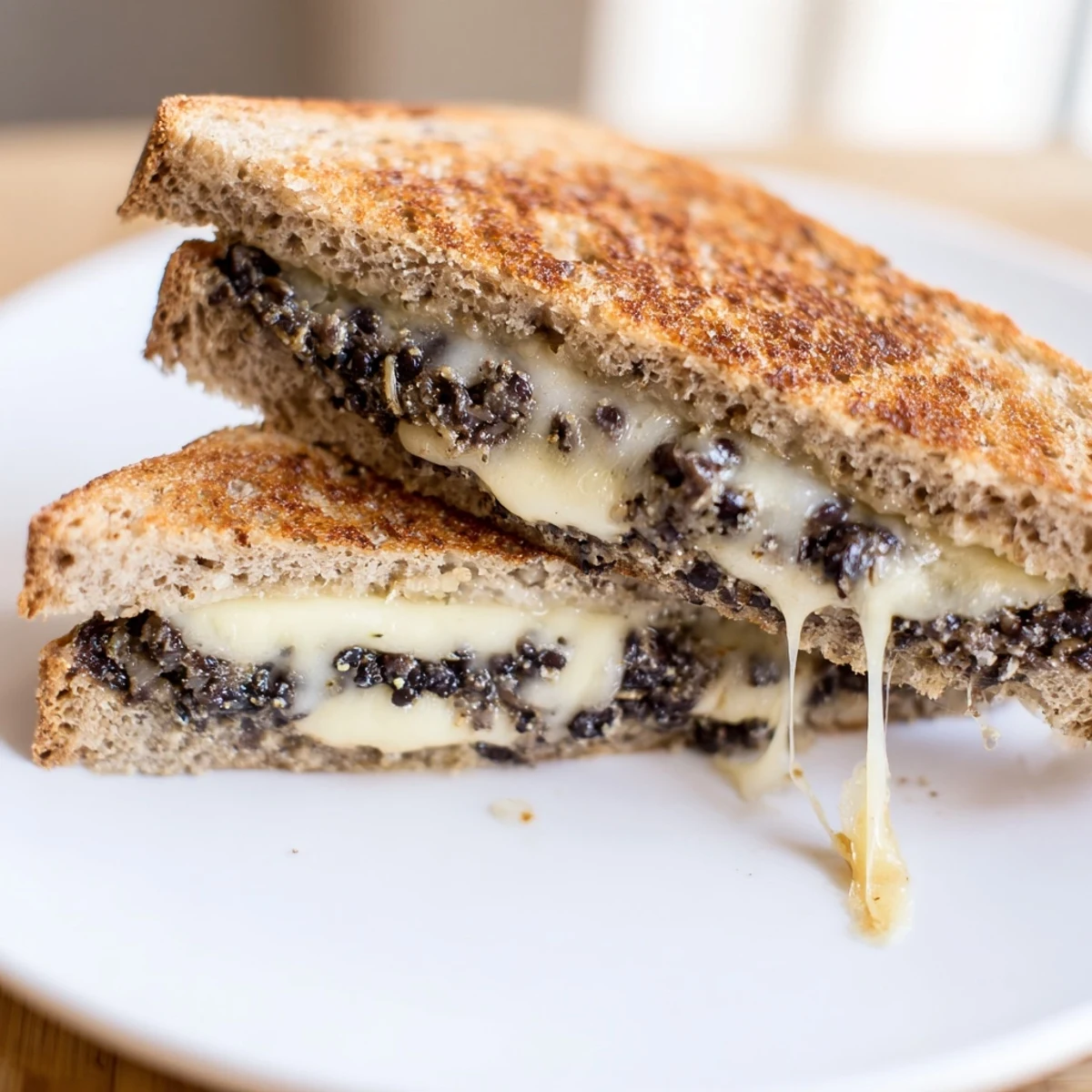 Golden brown Black Bean Grilled Cheese cut open, revealing melty cheese and the flavorful bean filling.