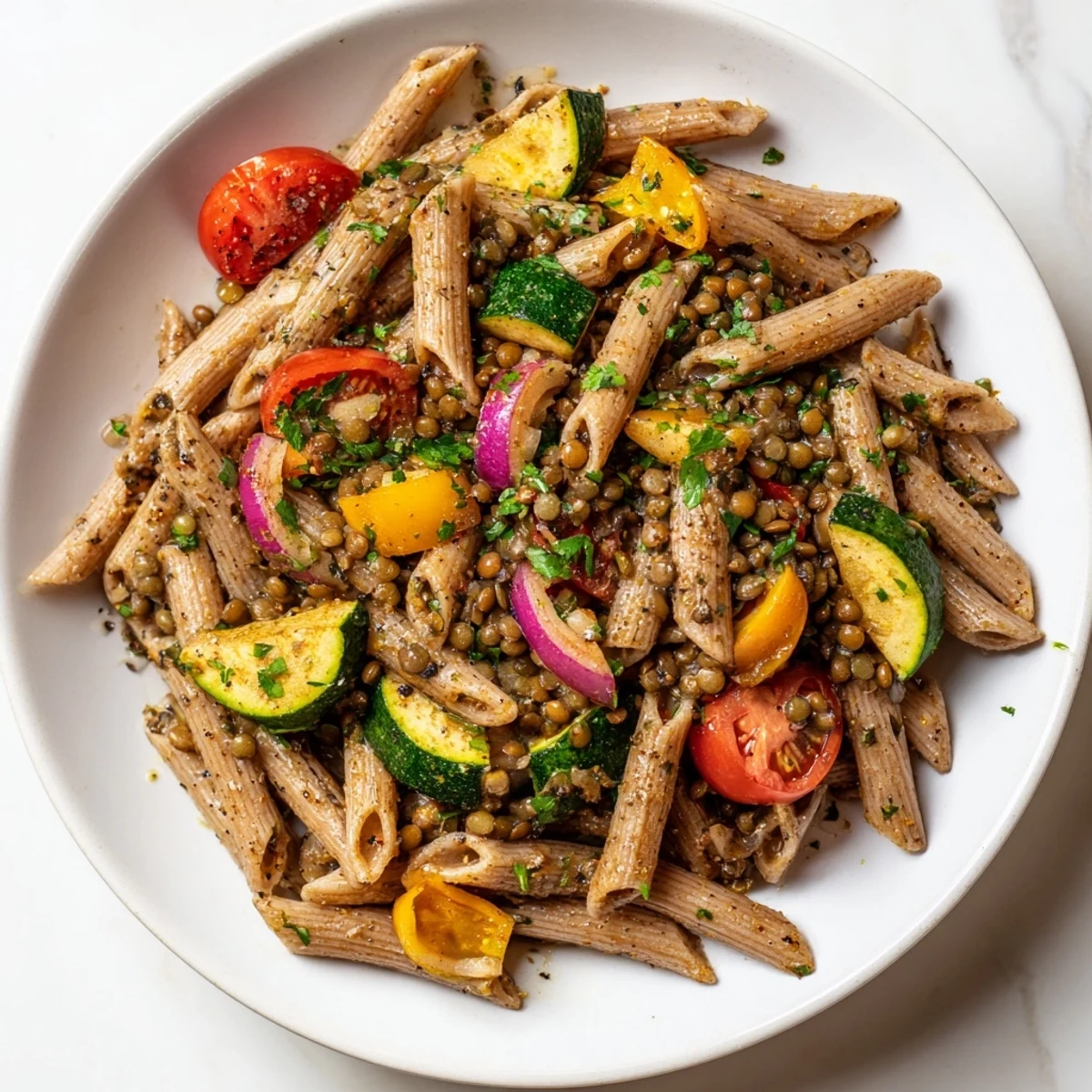 Steaming Lentil Pasta with Vegetables, featuring roasted bell peppers and a delicious Mediterranean sauce.