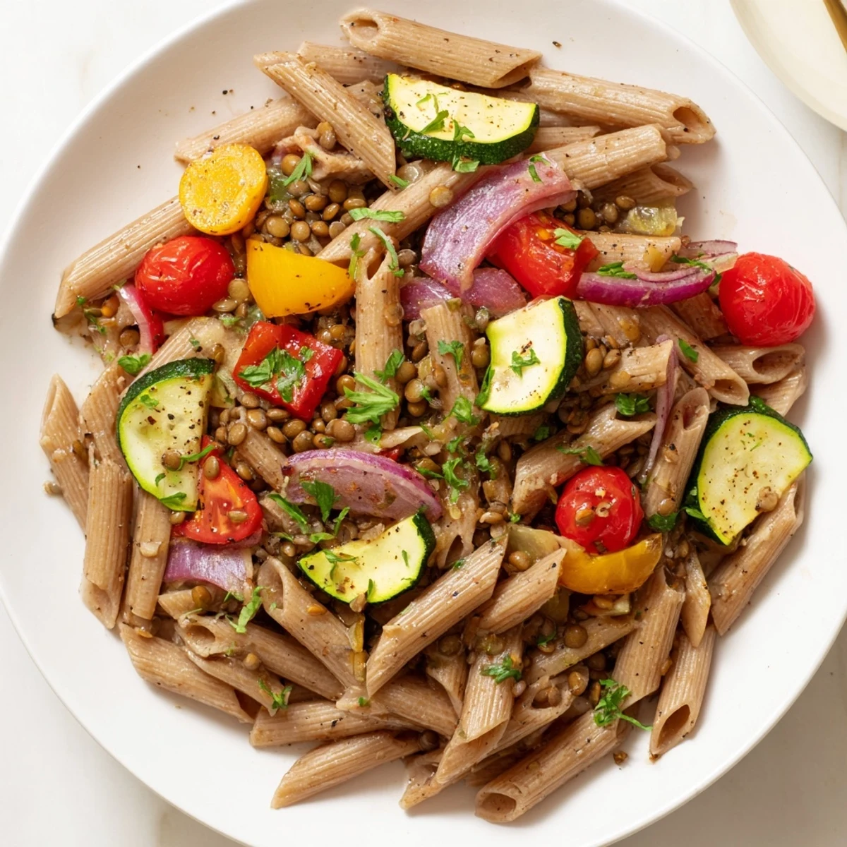 A warm bowl of Lentil Pasta with Vegetables, perfectly seasoned and ready for a hearty meal.