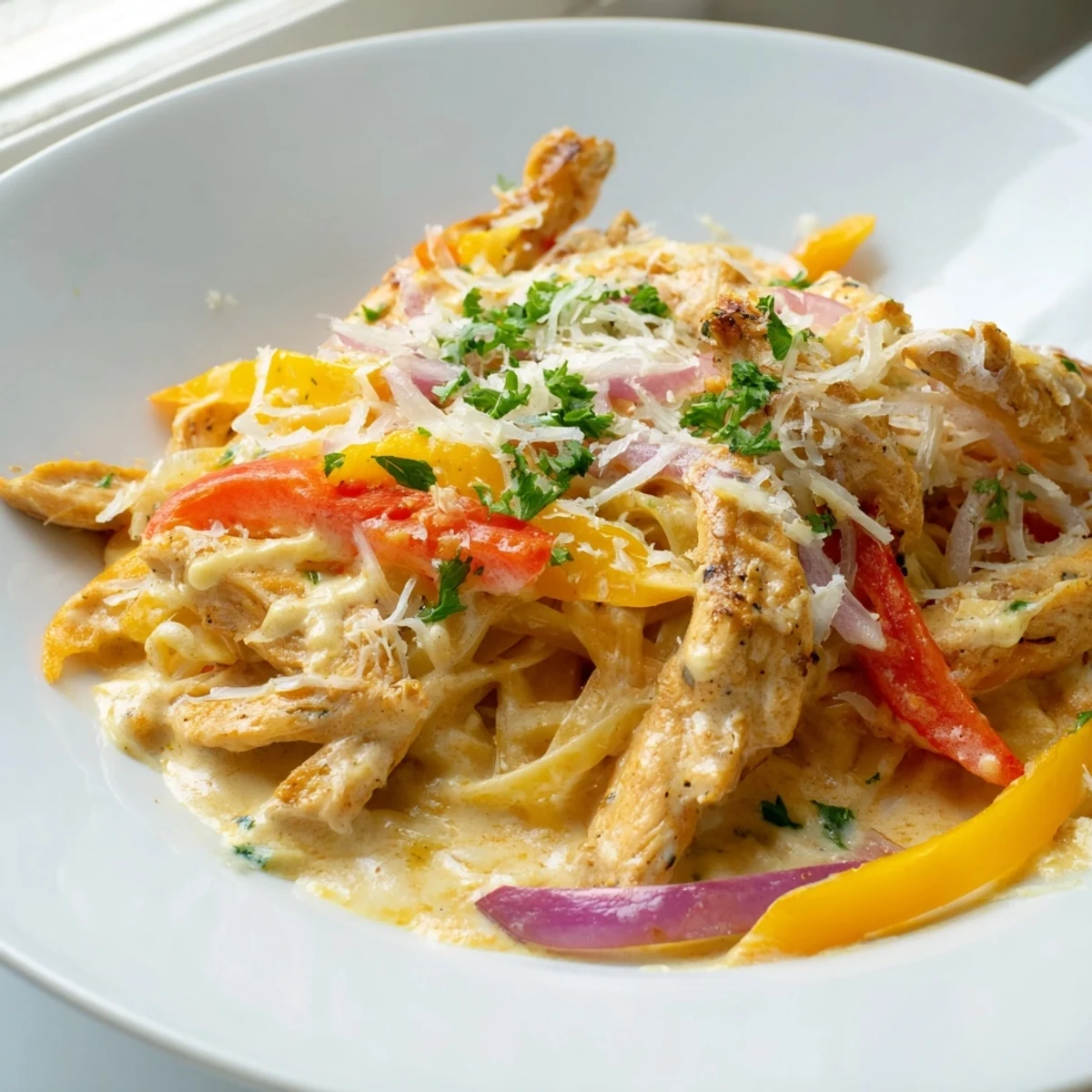 Creamy Cajun Chicken Pasta with tender chicken, vibrant peppers, and a rich, cheesy sauce.