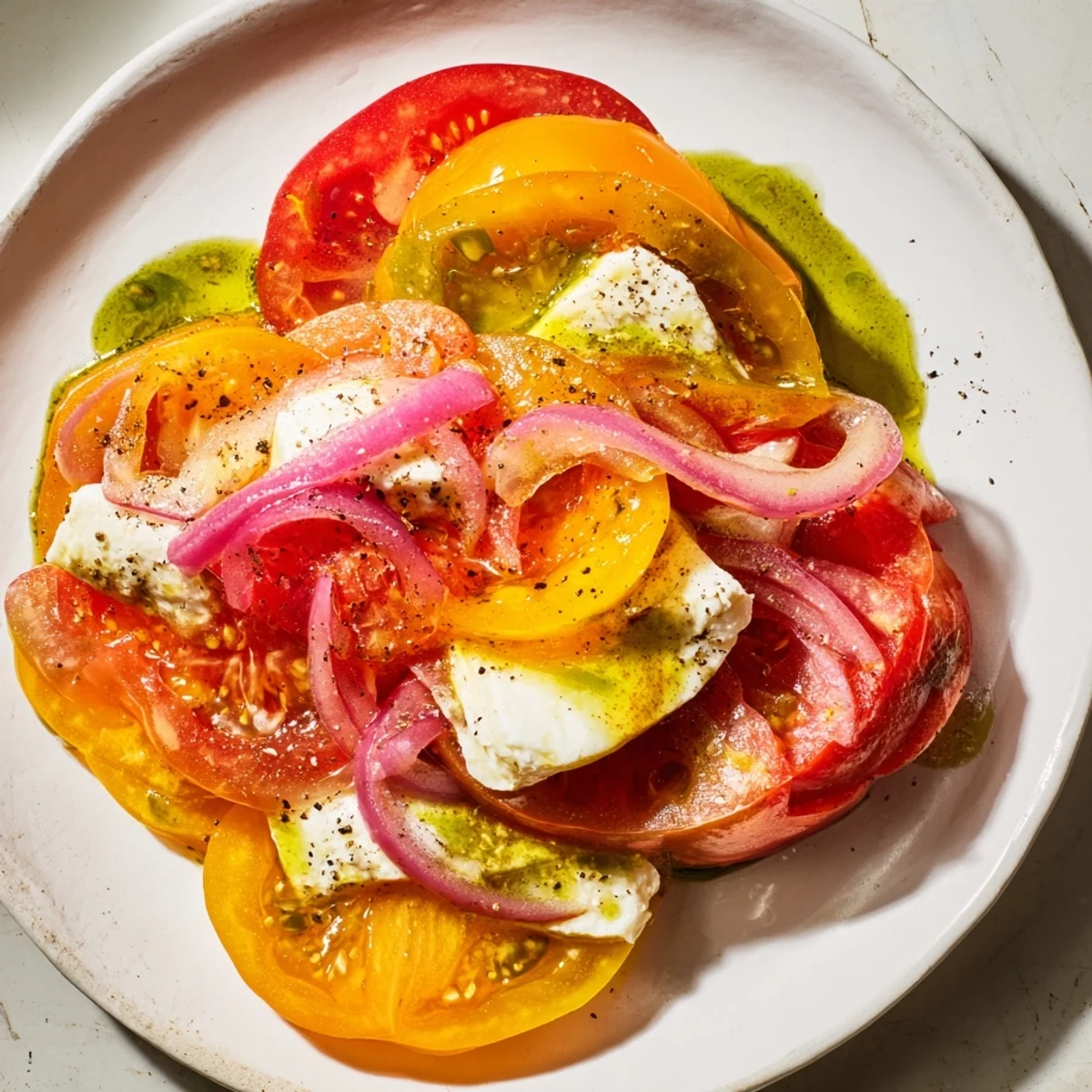 Summer Tomato Salad arranged with fresh mozzarella, drizzled with basil oil for a colorful appetizer.