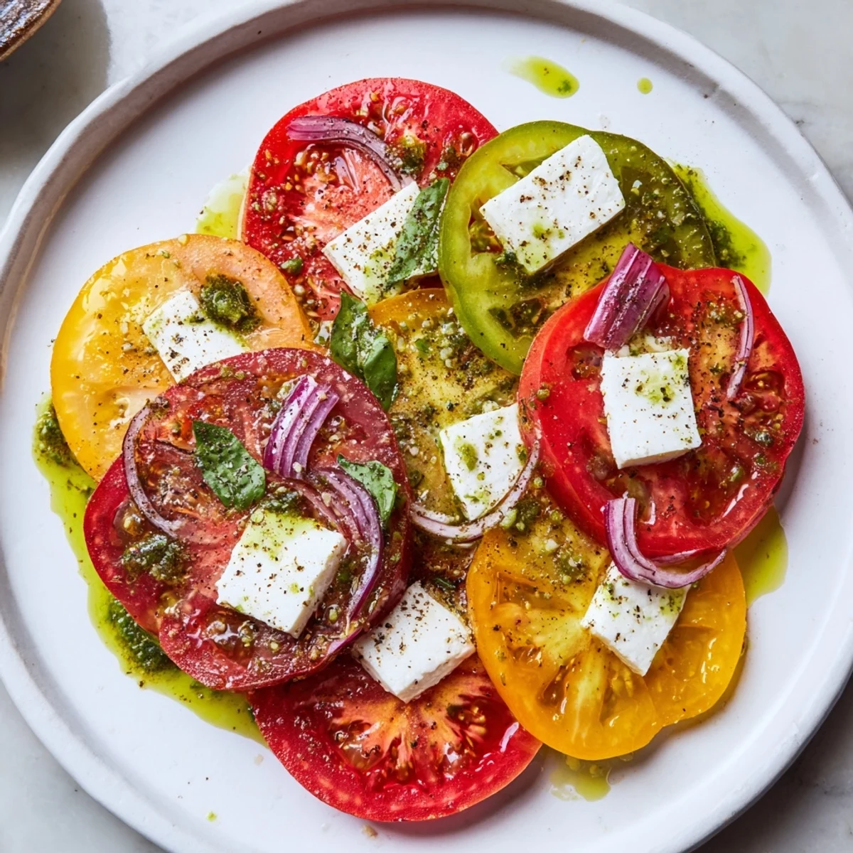 Vibrant Summer Tomato Salad showcasing juicy tomatoes, creamy mozzarella, and fragrant basil for summer enjoyment.