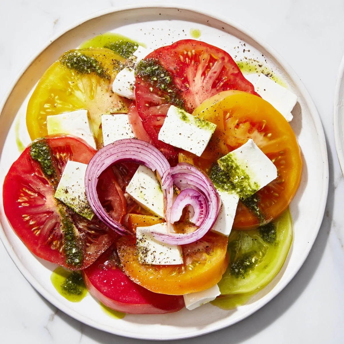 Bright red tomatoes and soft mozzarella compose this Summer Tomato Salad, ready to be drizzled with herbed olive oil.