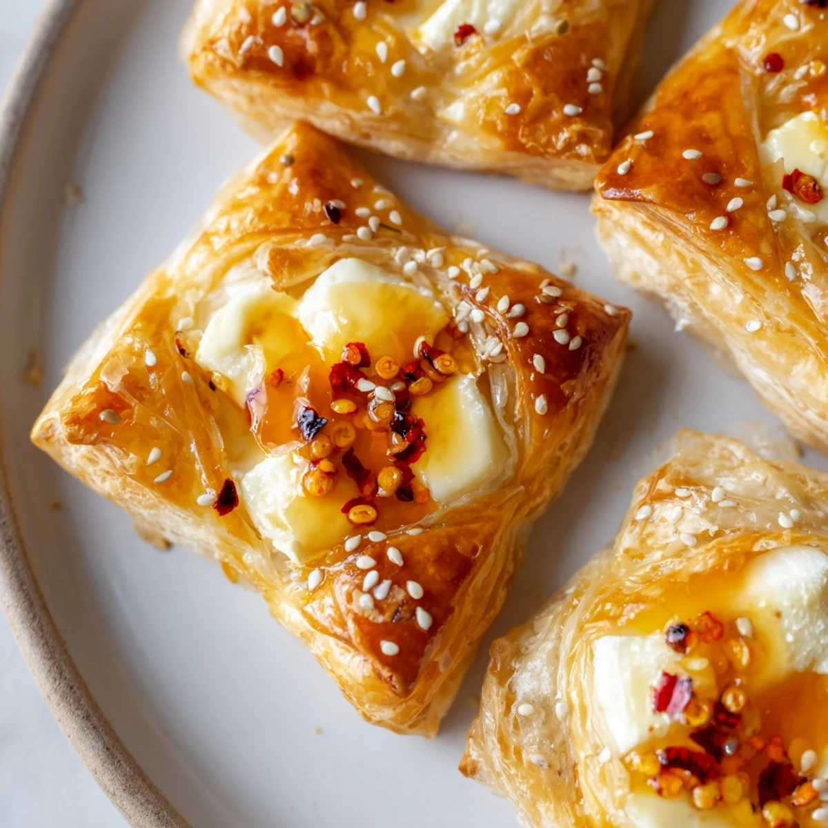 Golden, bubbly Chili Crisp Honey Brie Bites, showcasing flaky pastry and melted cheese, ready to eat.