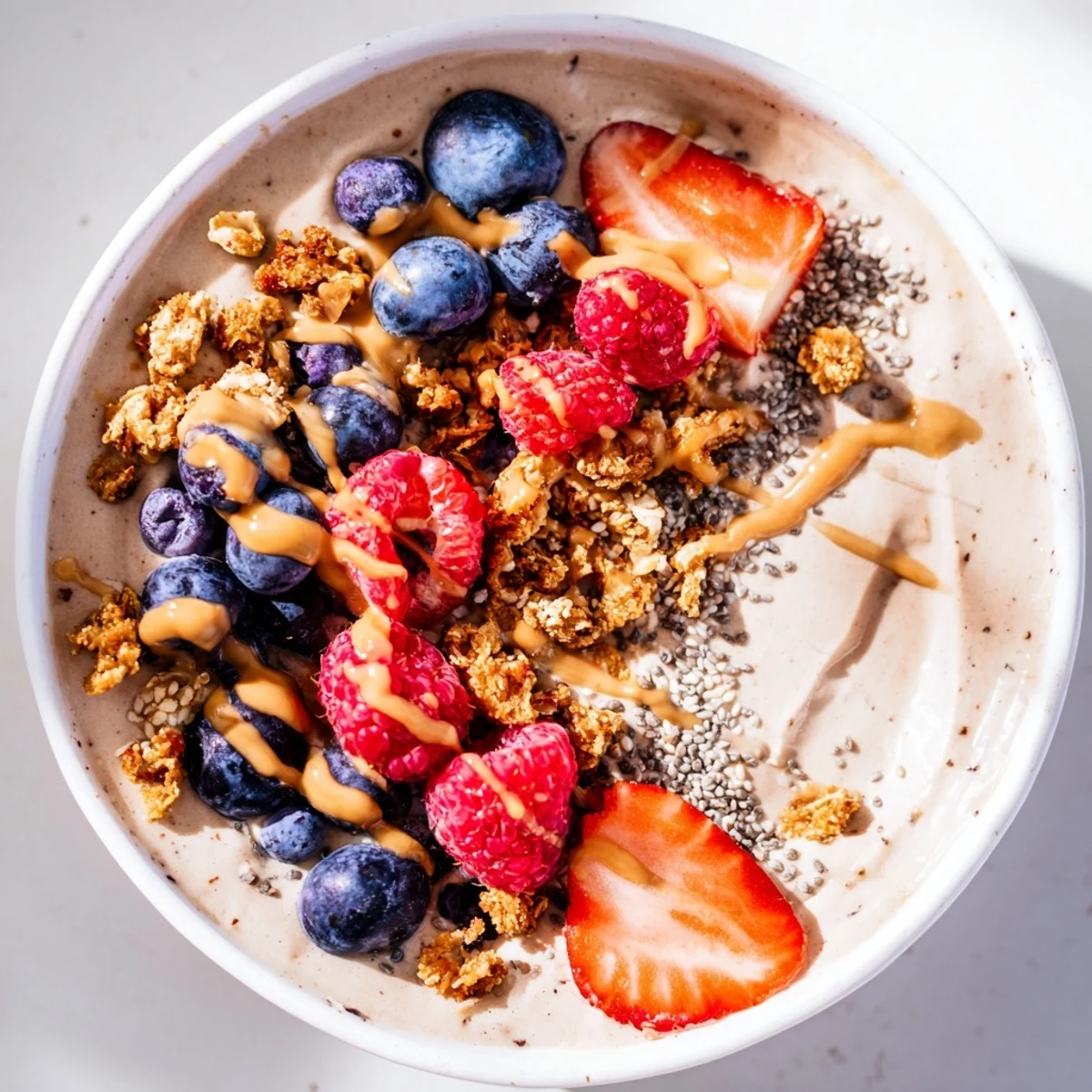 A layered Protein Ice Cream Bowl with fresh berries, offering a cool, healthy treat.