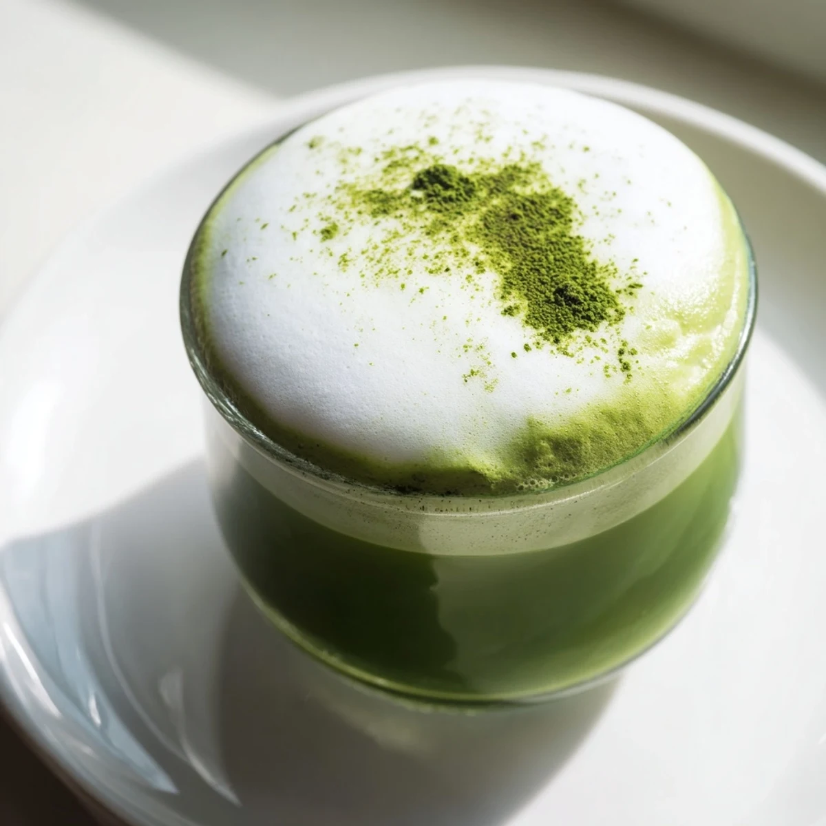 A close-up of a luscious Creamy Matcha Latte, the rich green color contrasted by foamy white topping.