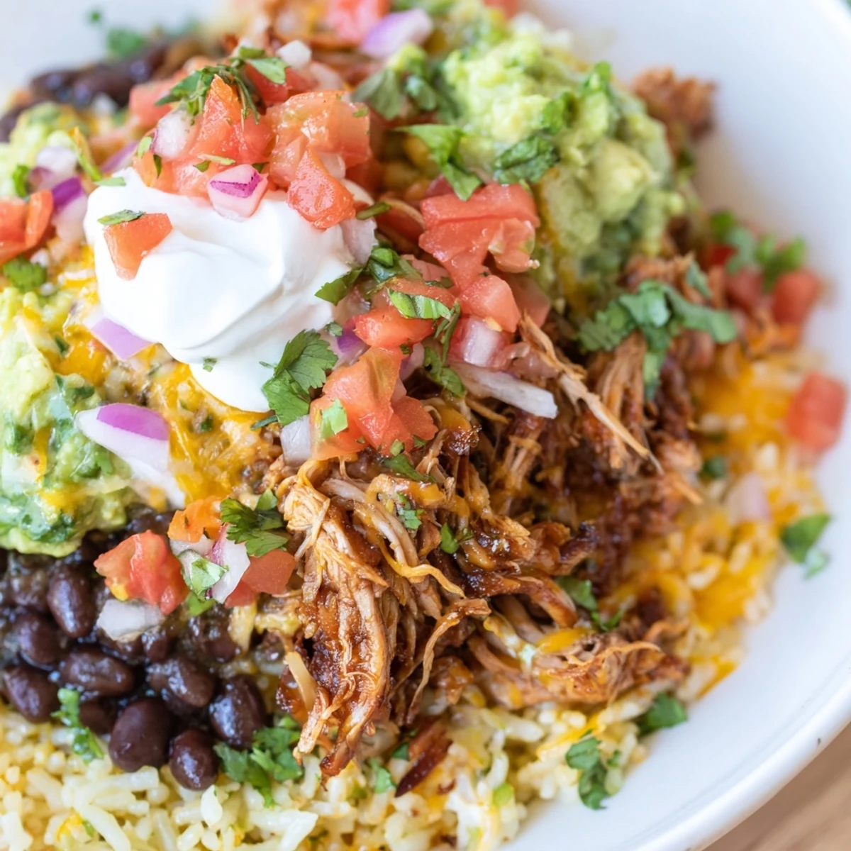 A close-up shot of a perfectly layered Chipotle burrito bowl copycat, ready for a satisfying, delicious meal.