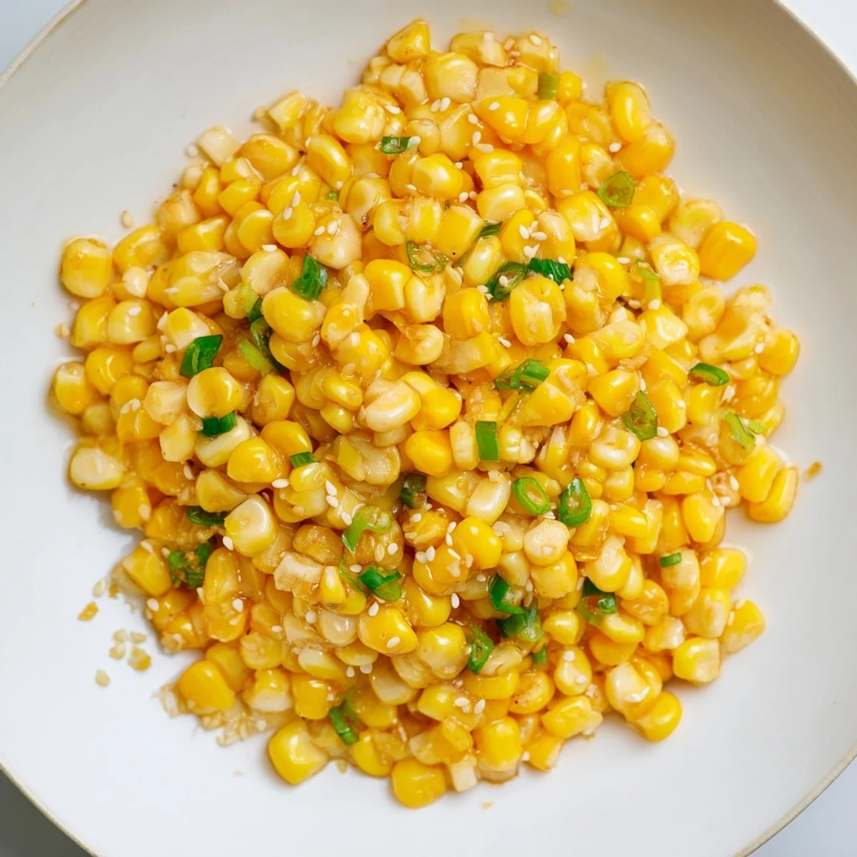 A close-up of buttery Japanese Butter Corn, garnished with fresh scallions and sesame seeds.