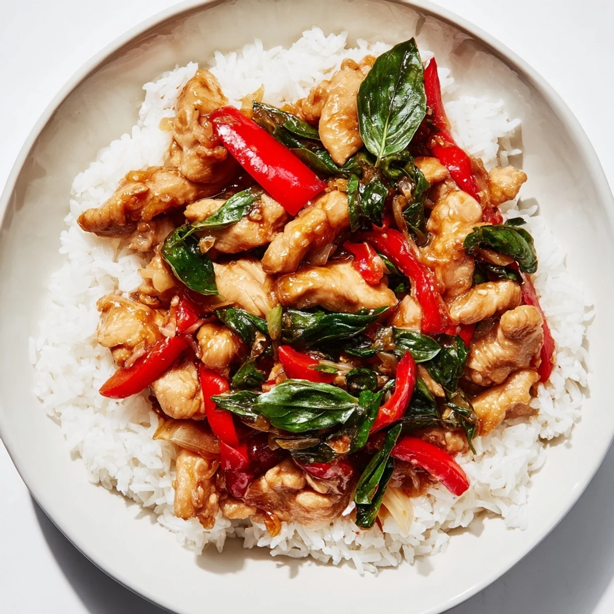 Sizzling Thai Basil Chicken Bowls, garnished with fresh basil leaves, ready to be enjoyed.