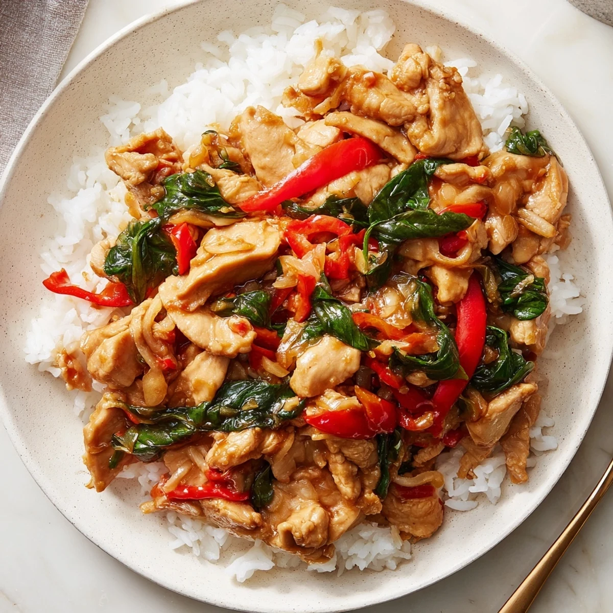 Close-up of fragrant Thai Basil Chicken Bowls, with tender chicken and colorful bell peppers.