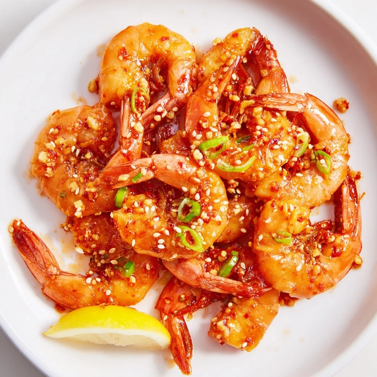 Sizzling Korean Garlic Butter Shrimp, coated in a luscious sauce, ready for serving with scallions.