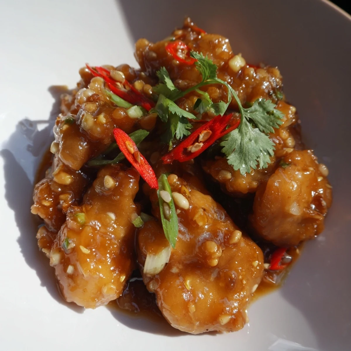 Golden, glistening Vietnamese Caramel Chicken, garnished with fresh herbs, ready to serve with rice.