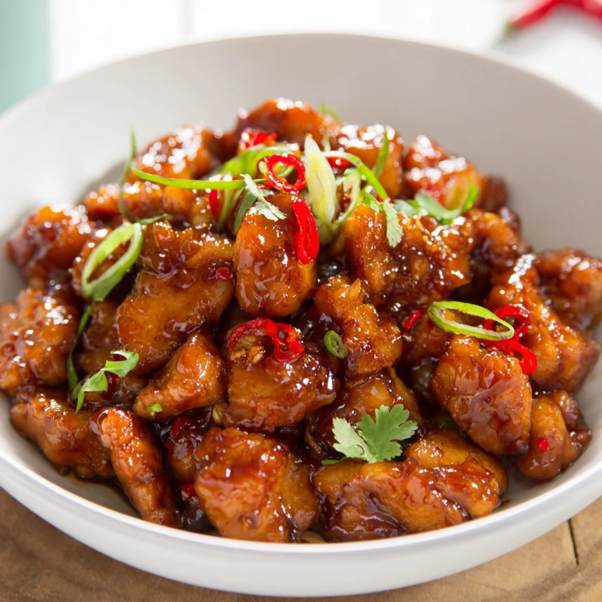 A close-up of flavorful Vietnamese Caramel Chicken: tender chicken coated in a rich, sticky sauce.