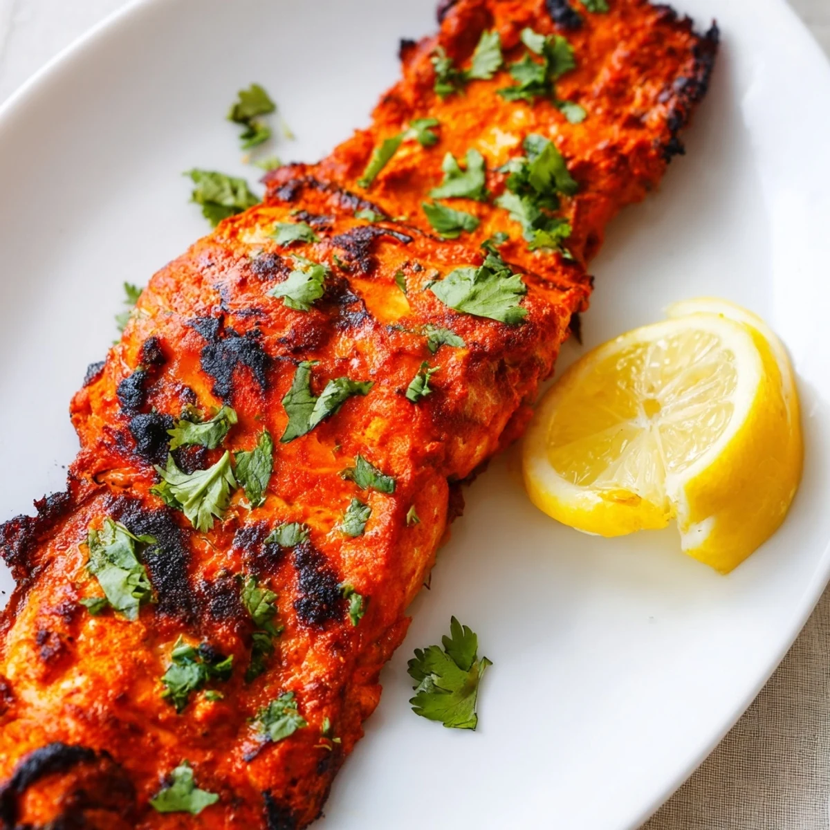 Vibrant, spice-infused Indian tikka salmon, beautifully roasted, offering a tender and flaky texture.