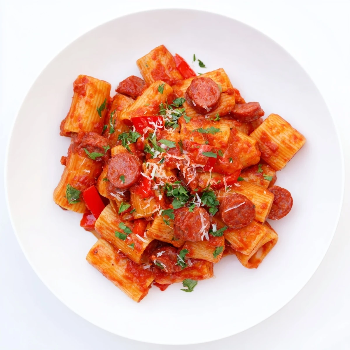A close-up shot of steaming Spanish Chorizo Pasta, garnished with fresh parsley and cheese.