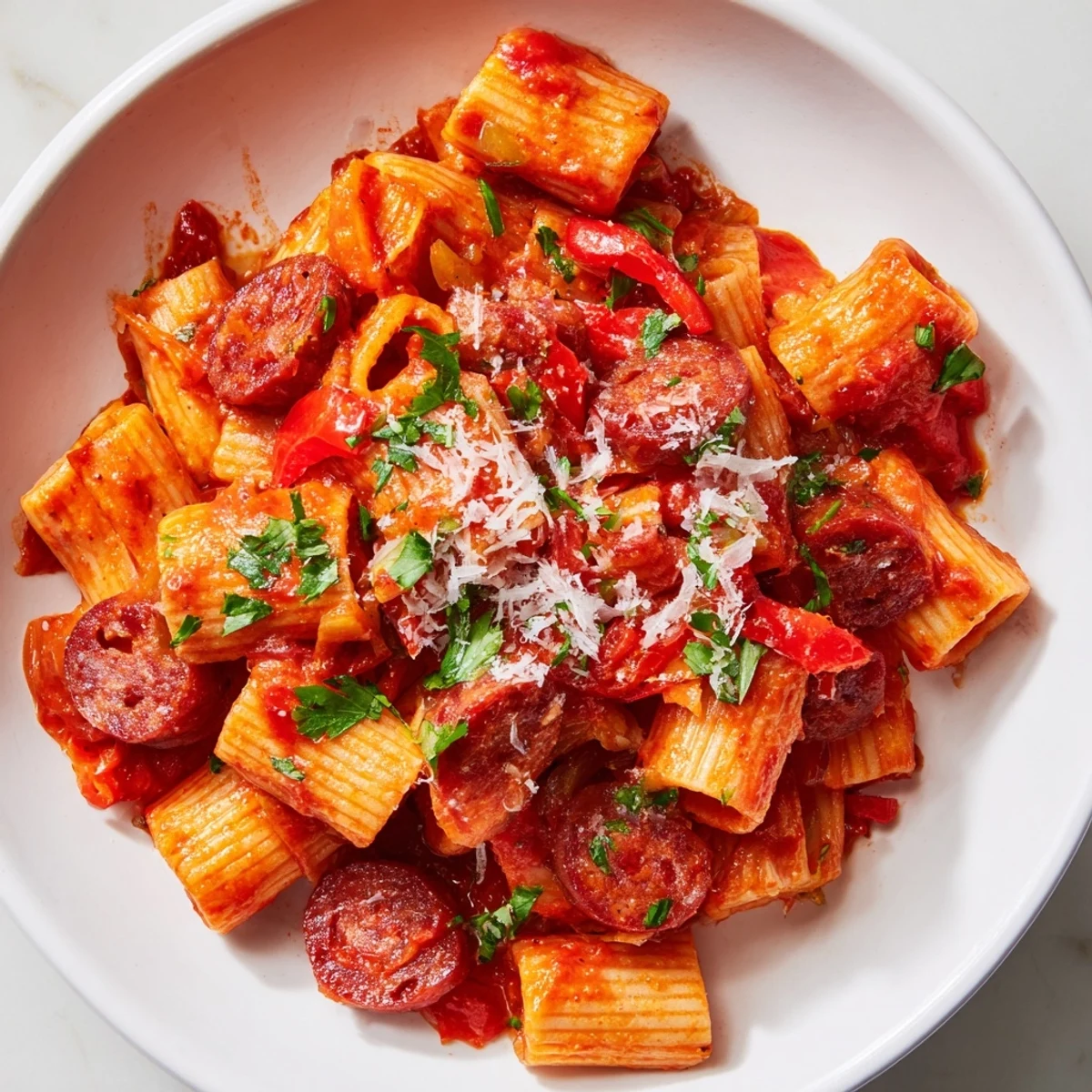 Delicious Spanish chorizo pasta, served in a bowl, boasts spicy flavors and savory aromas.