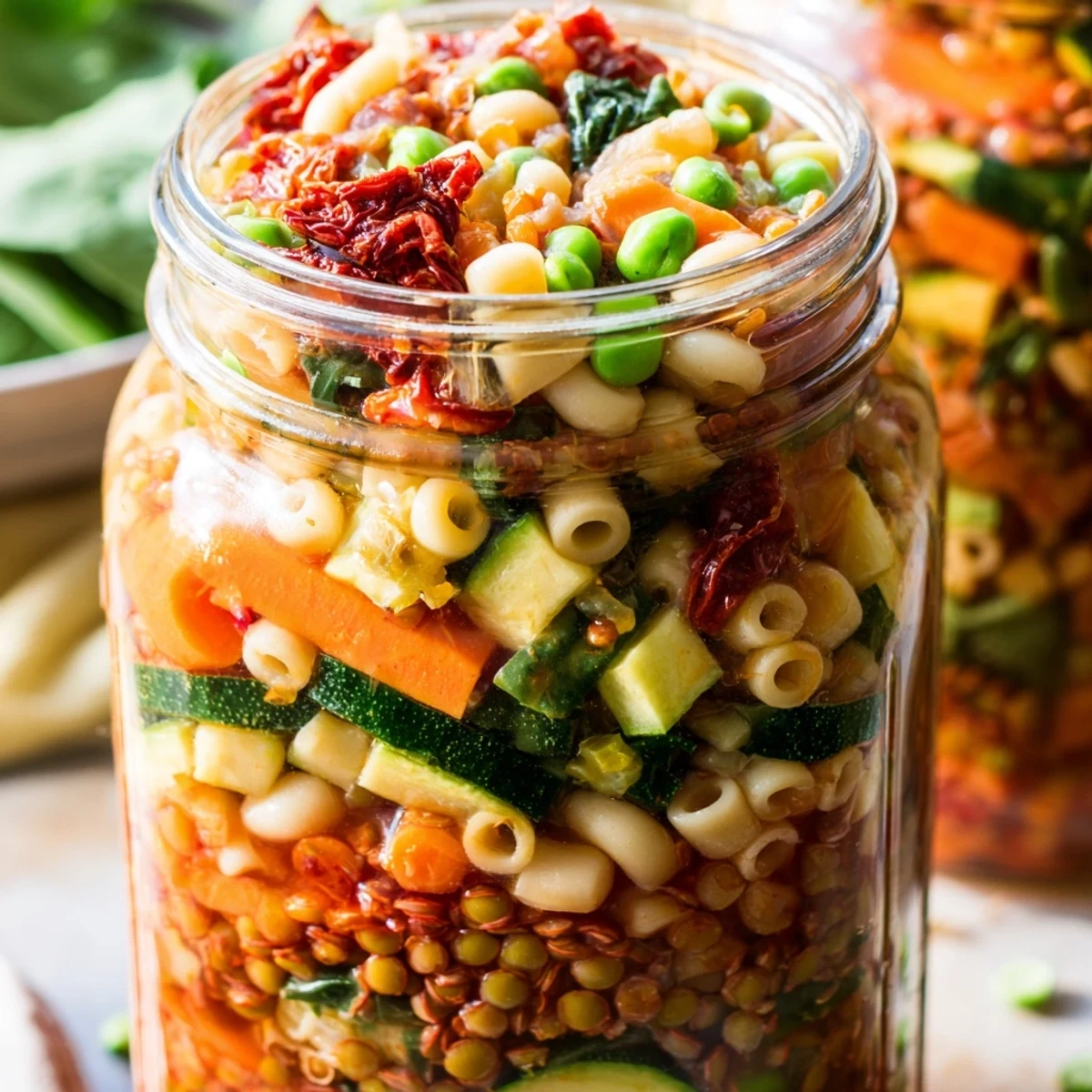 A close-up of a glass jar layered with colorful vegetables, pasta, and beans for Minestrone Soup, ready to add hot water.  