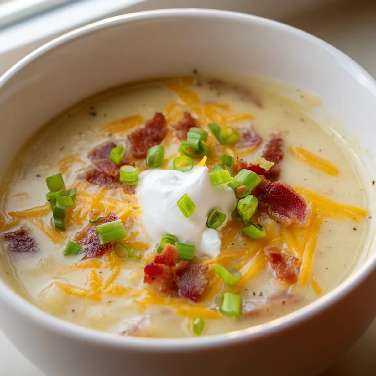 Creamy loaded baked potato soup with bacon, cheddar, and sour cream served in a rustic bowl.  