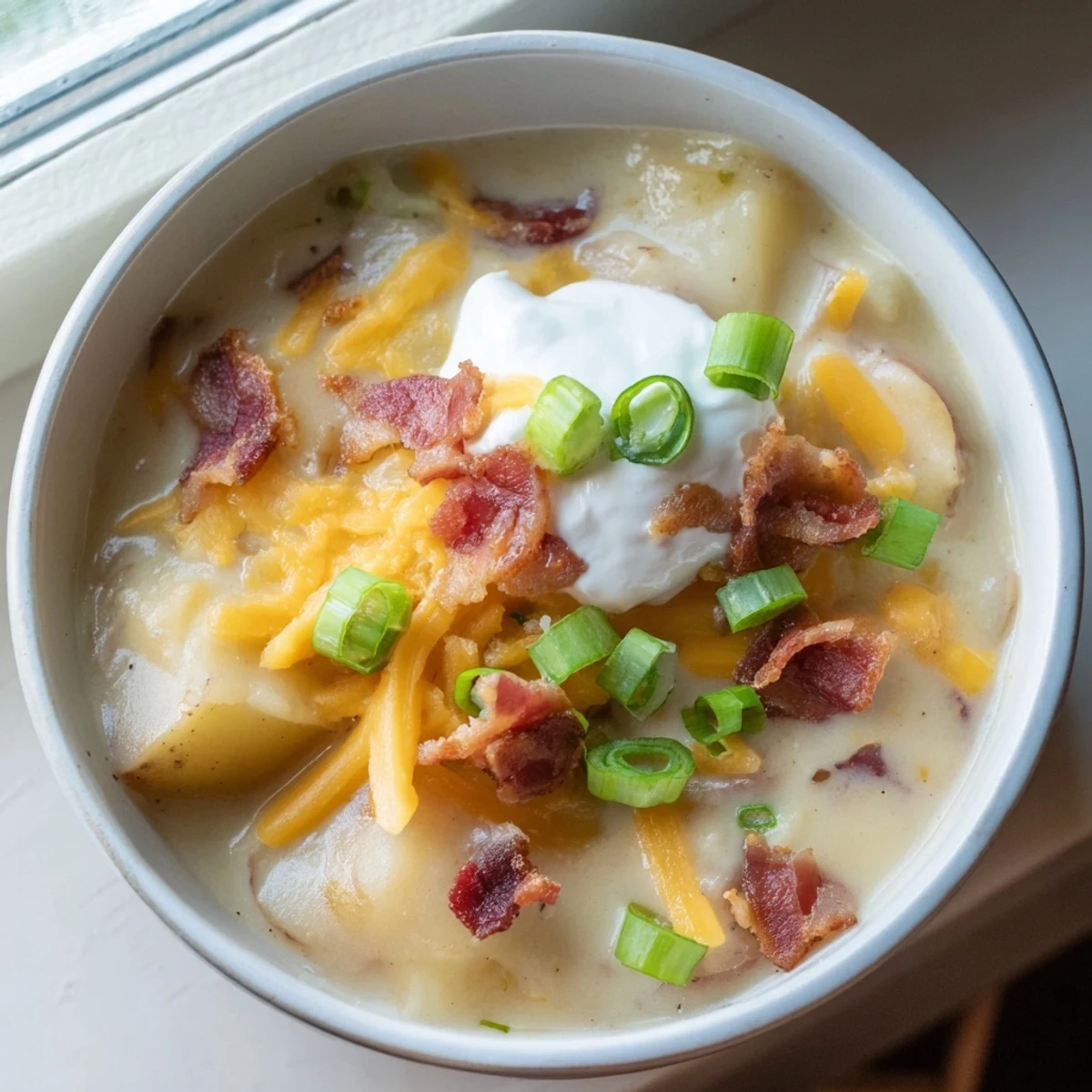 Homemade loaded baked potato soup garnished with sharp cheddar, sour cream, and crumbled bacon.