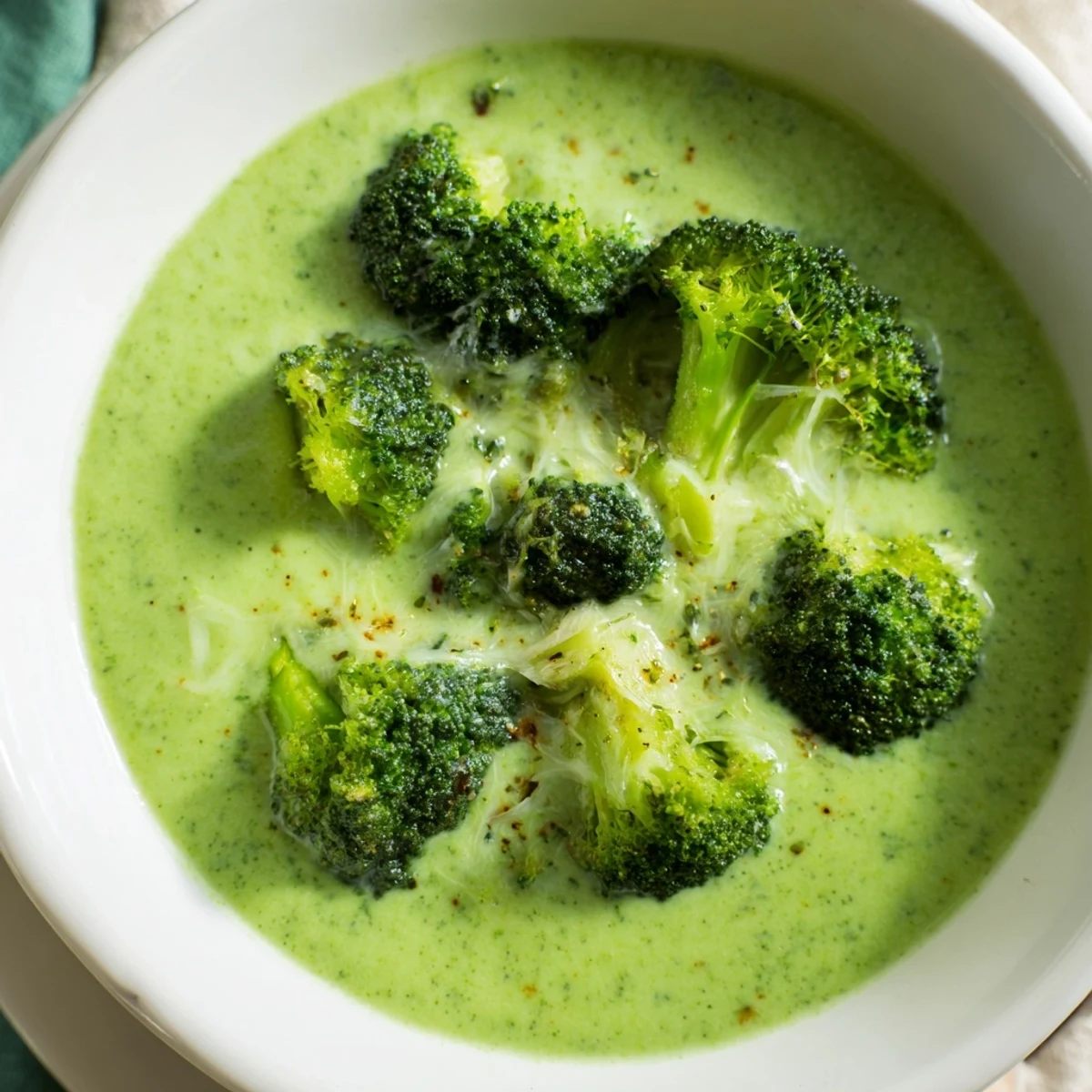 A bowl of creamy broccoli cheddar soup garnished with roasted broccoli florets and shredded cheddar, served hot.
