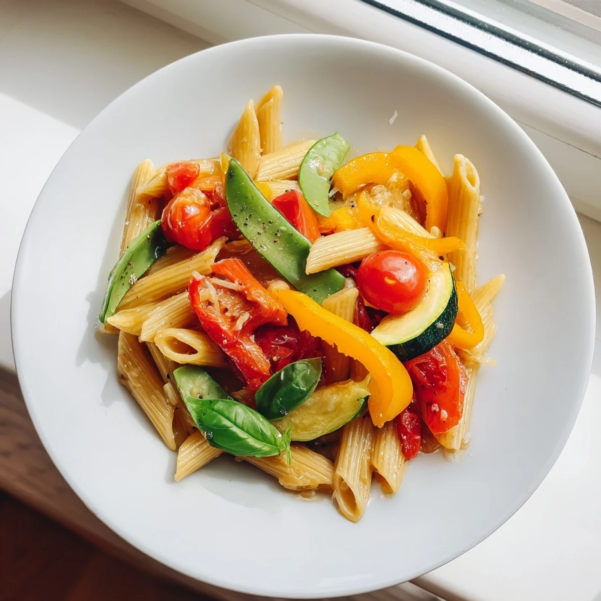 Creamy One-Pot Pasta Primavera with colorful zucchini, bell peppers, and cherry tomatoes in a rich Parmesan sauce.