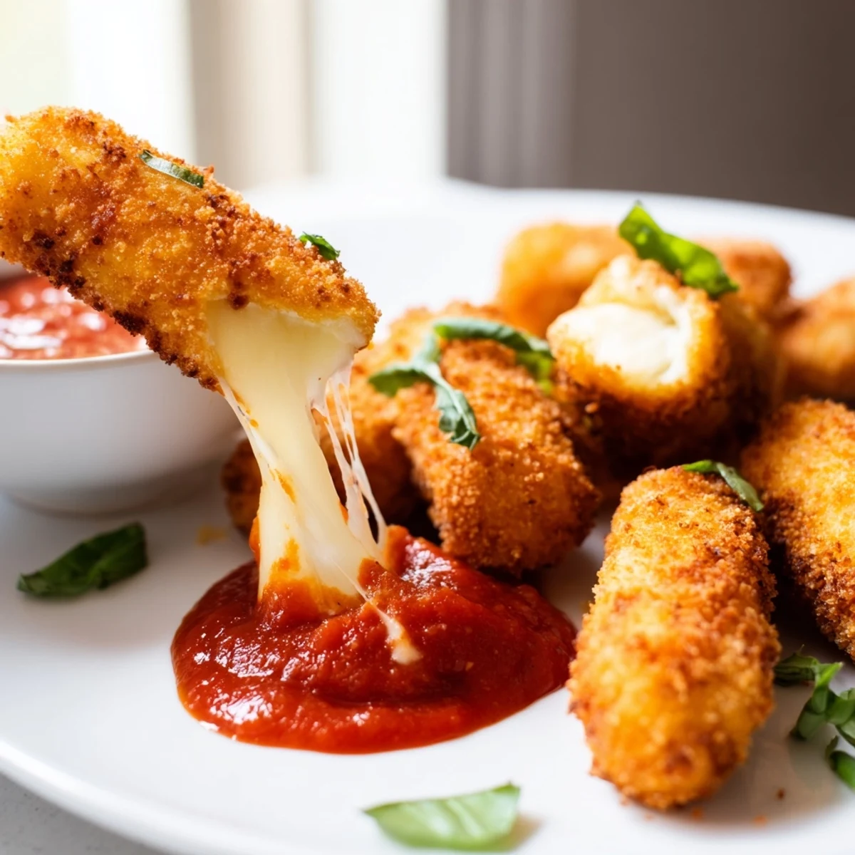 Air fryer mozzarella sticks on a white plate with fresh basil garnish, ready to dip.