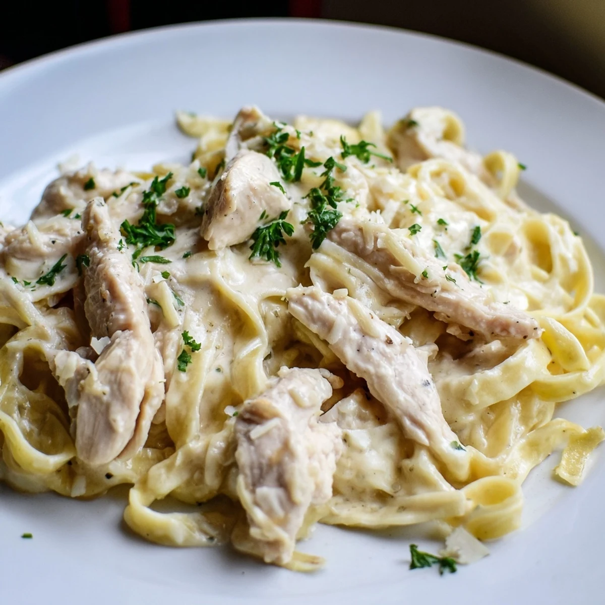 Glossy Skillet Chicken Alfredo tossed with al dente pasta and juicy chicken strips, garnished with extra Parmesan cheese.