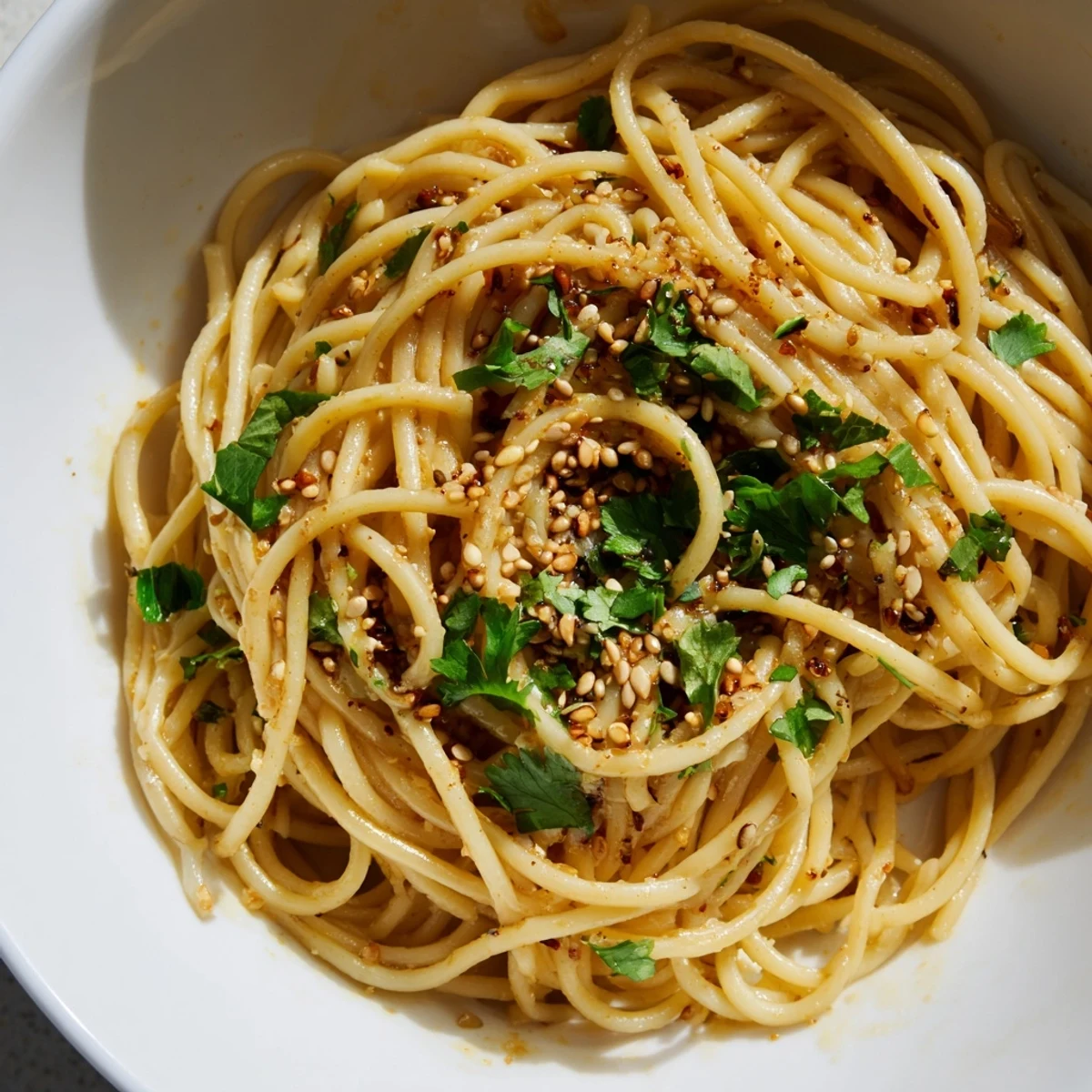 Chilled noodles coated in a spicy sesame-soy dressing, topped with crisp cucumber ribbons, toasted sesame seeds, and fresh cilantro.