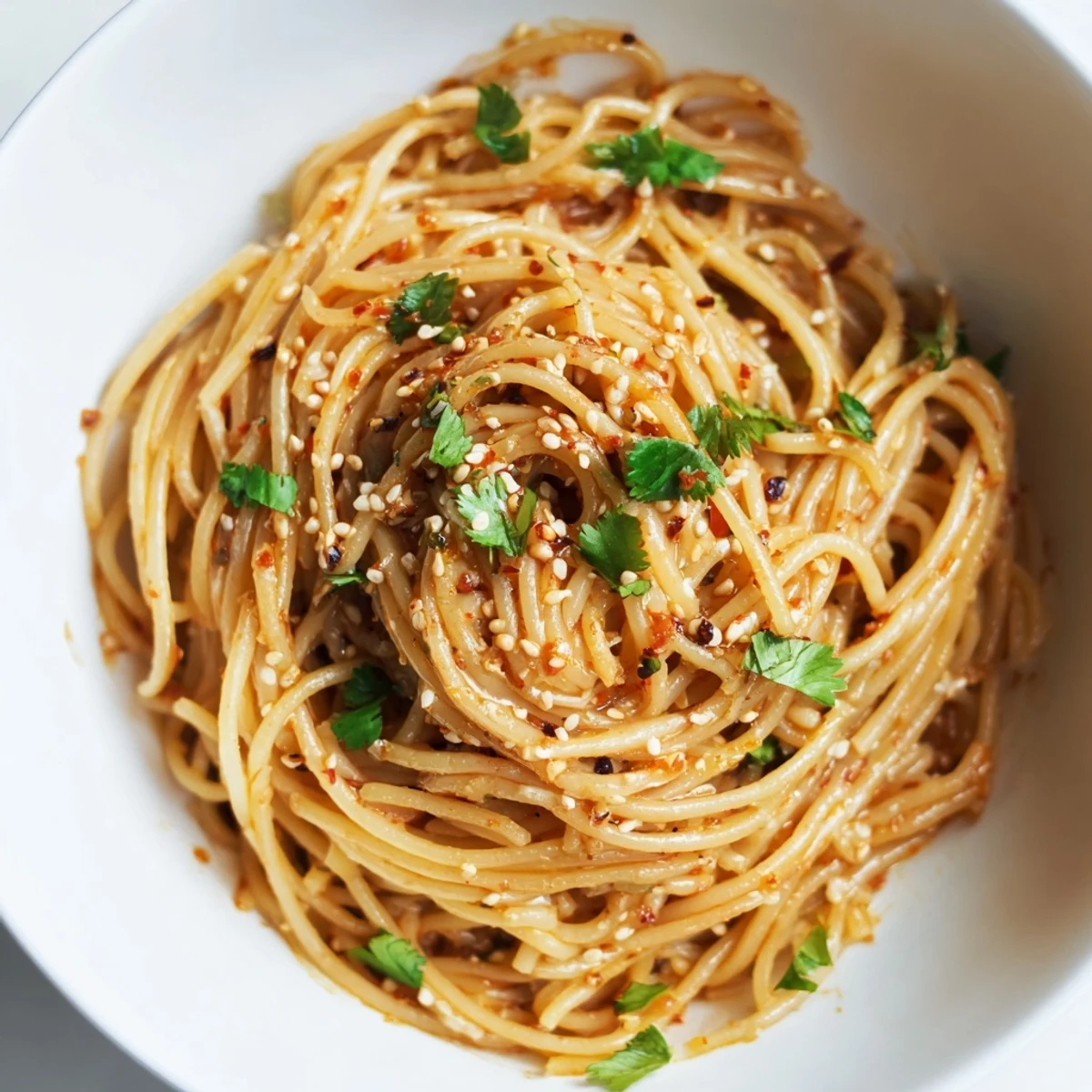 Spicy Sesame Noodle Salad served cold with chewy noodles, a bold chili-oil dressing, and fresh herbs for a quick, light lunch.