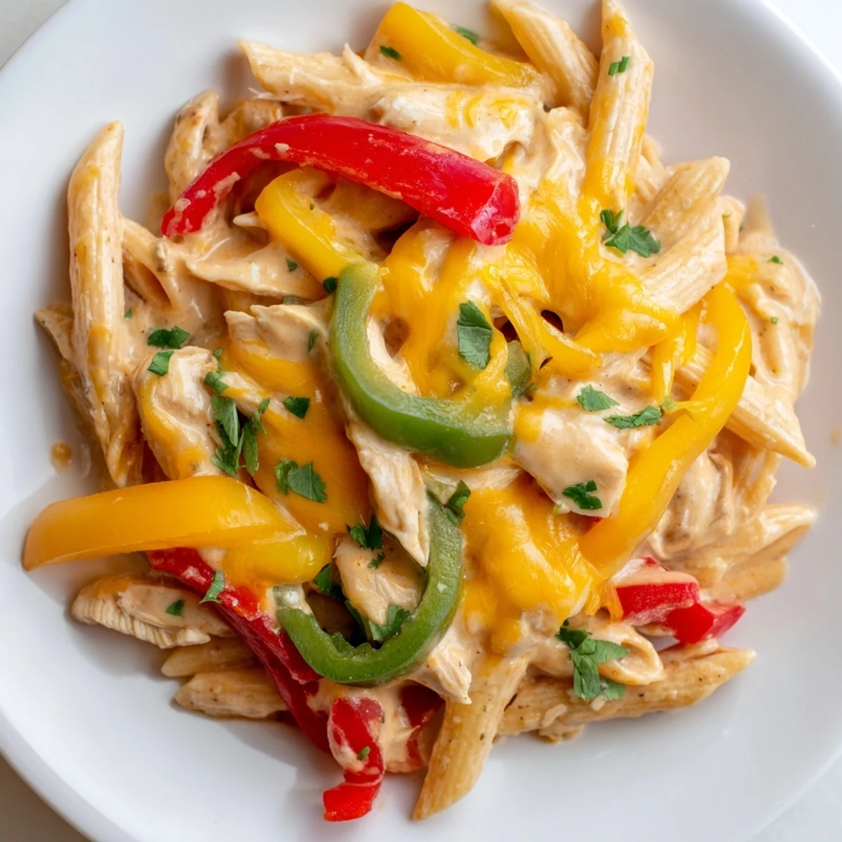 Steam rises from a skillet of Chicken Fajita Pasta, showcasing colorful peppers and melted cheese.