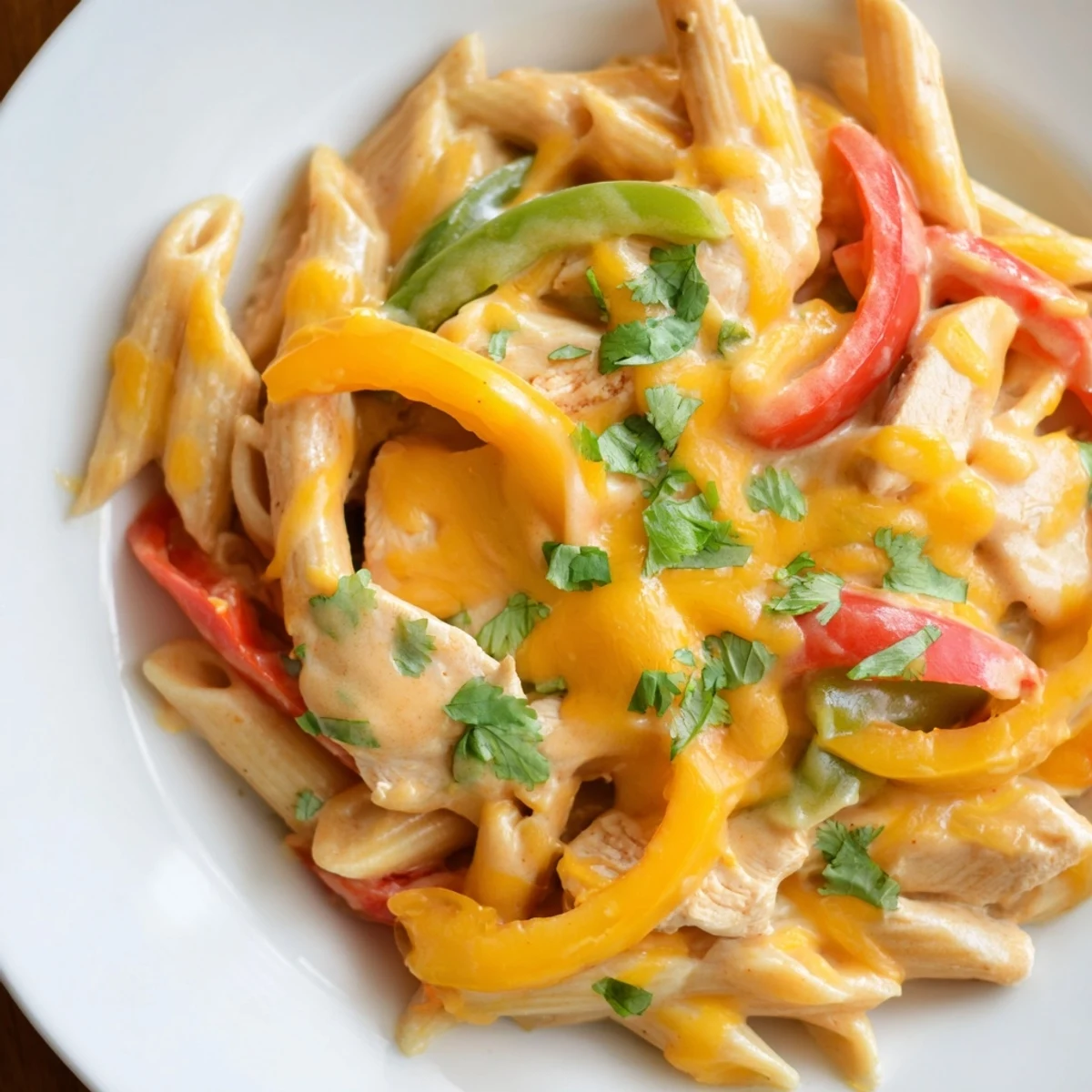 Sizzling Chicken Fajita Pasta served on a rustic plate, perfect for a family weeknight meal.