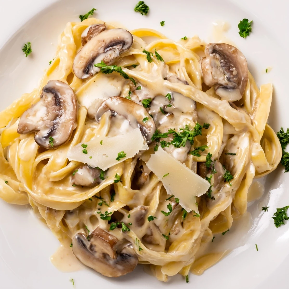 A close-up of Creamy Mushroom Alfredo pasta coated in velvety Parmesan cream, garnished with fresh parsley.