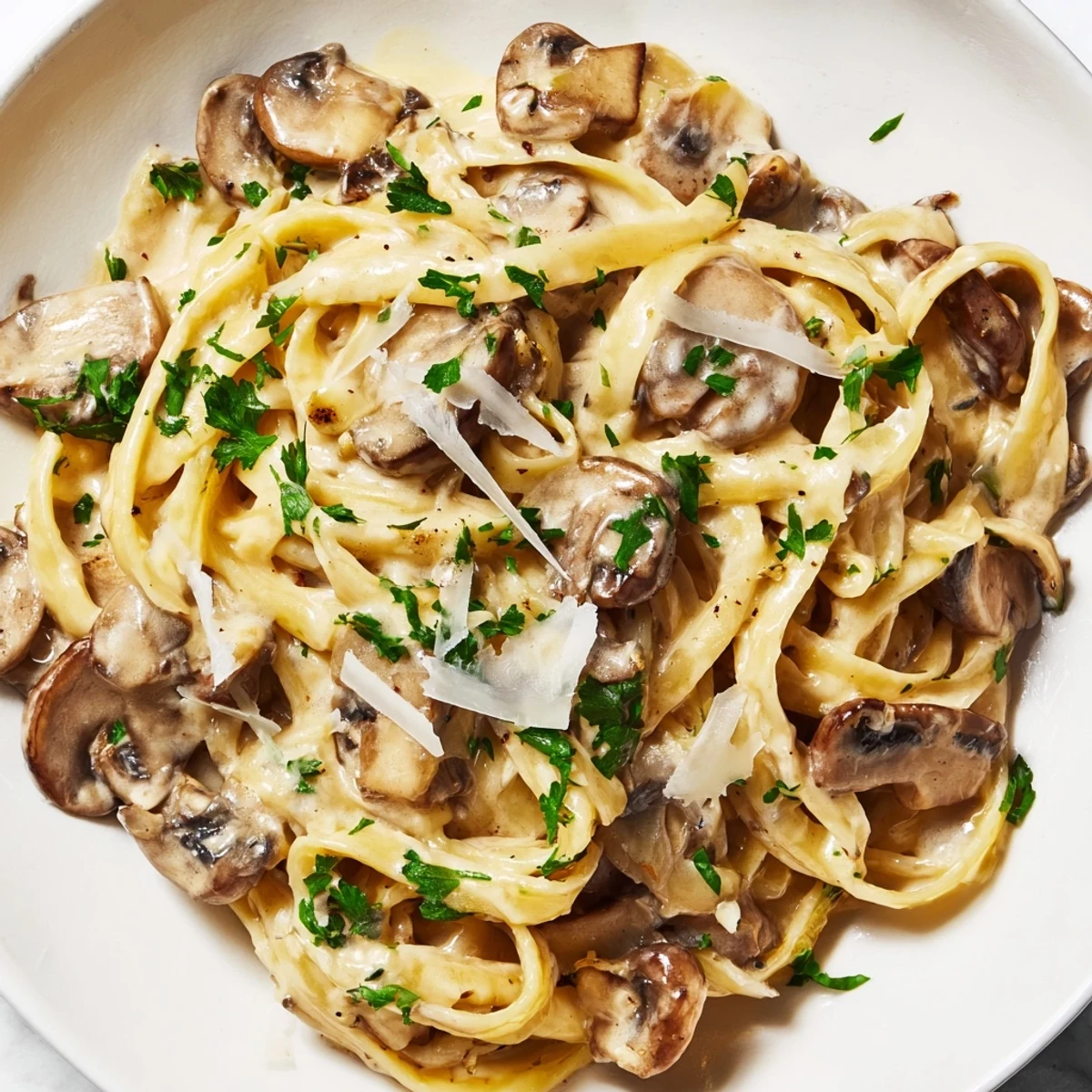 Tossing fresh fettuccine with Creamy Mushroom Alfredo sauce, garnished with grated Parmesan and chopped parsley.