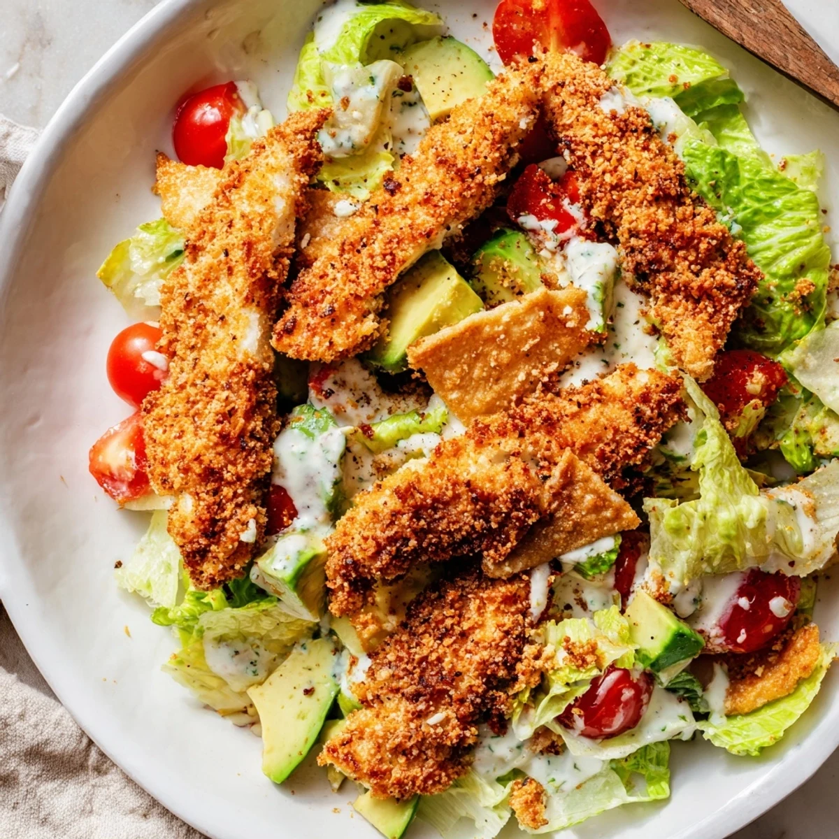 This crispy chicken taco salad features juicy, pan-fried chicken atop crunchy tortilla strips and creamy salsa ranch drizzle.  