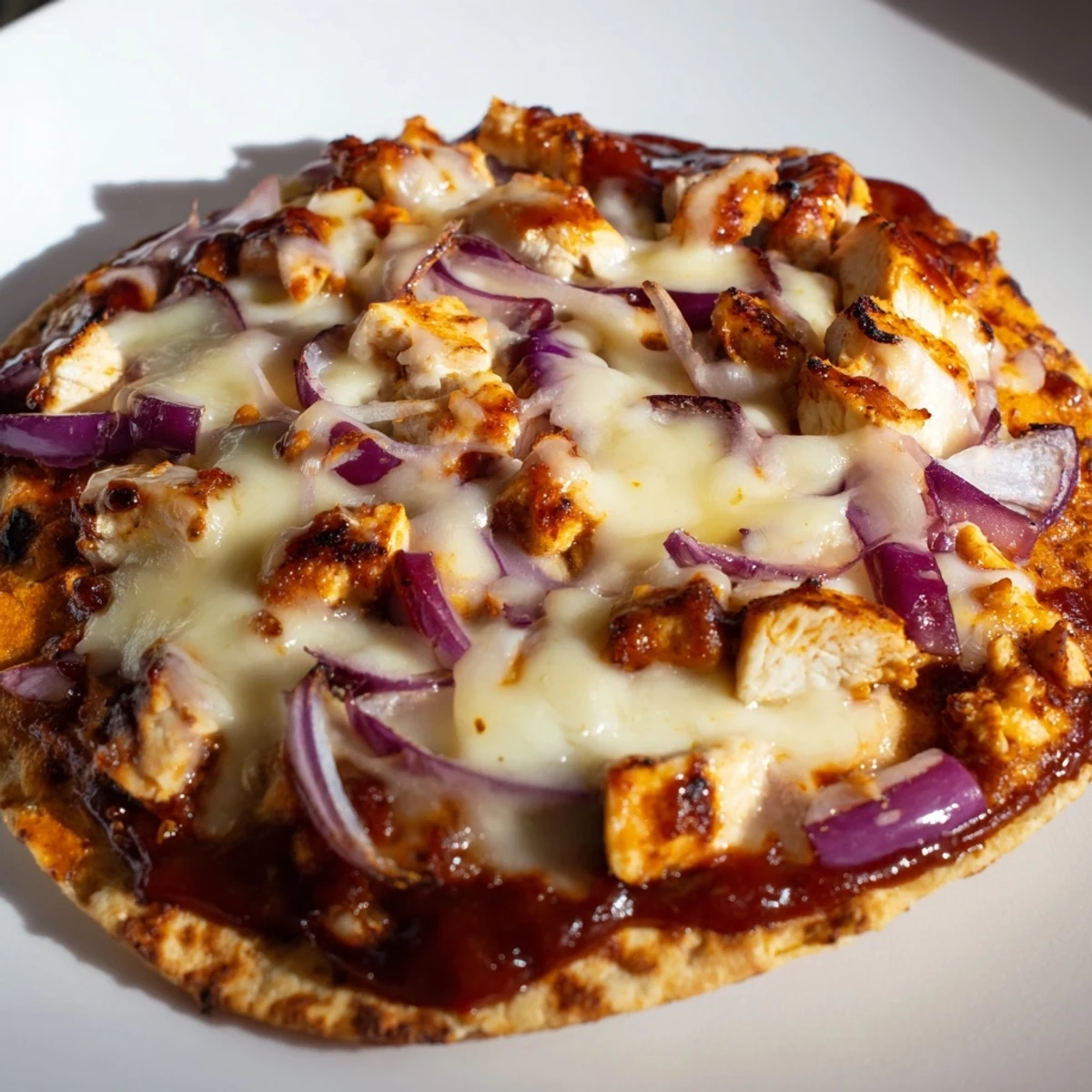 Close-up of BBQ Chicken Flatbread with melted mozzarella, grilled chicken, and red onion on a crispy crust, drizzled with tangy BBQ sauce.  