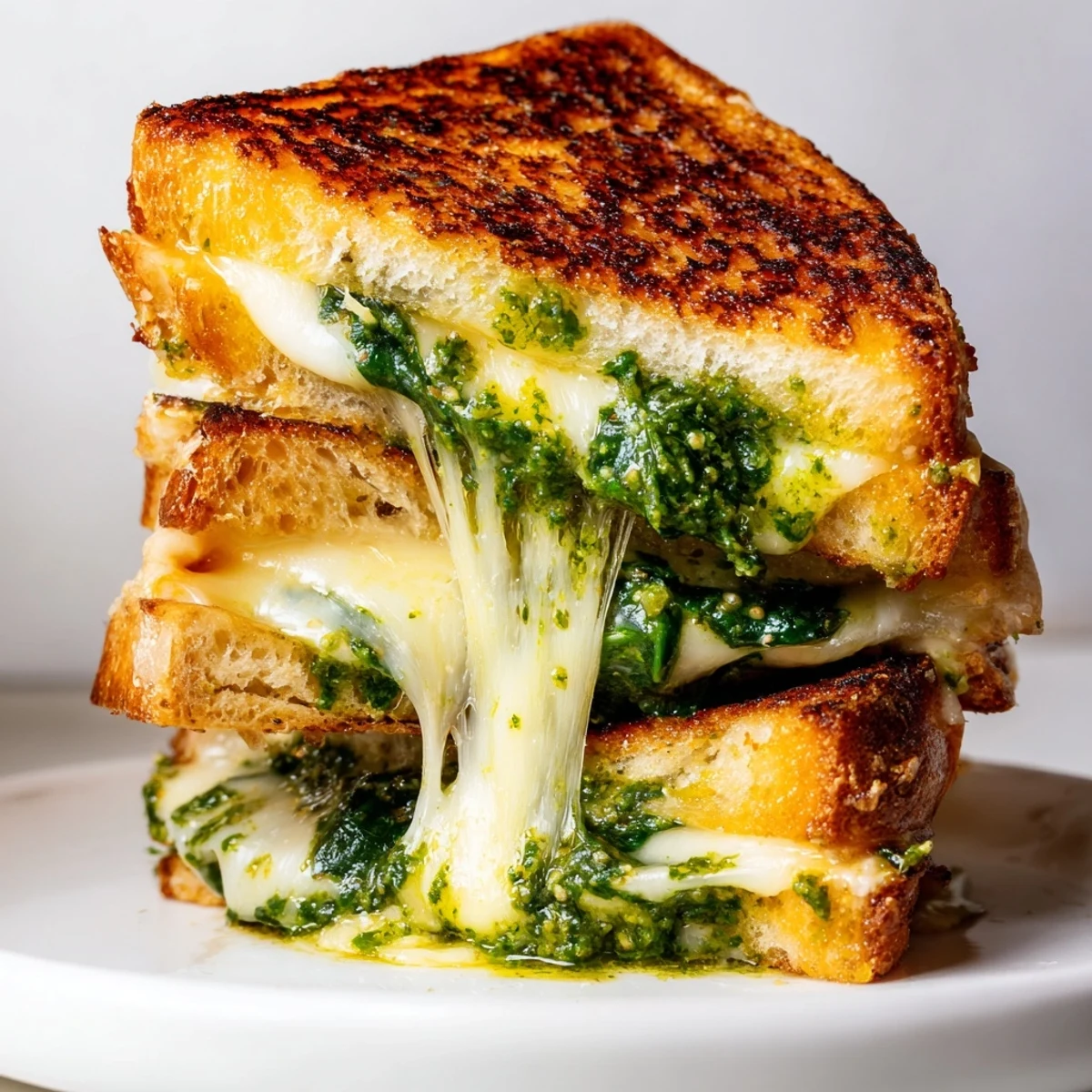A close-up of a golden-brown Spinach Pesto Grilled Cheese sandwich, sliced to show gooey melted cheese and vibrant green pesto spread between crispy sourdough bread.