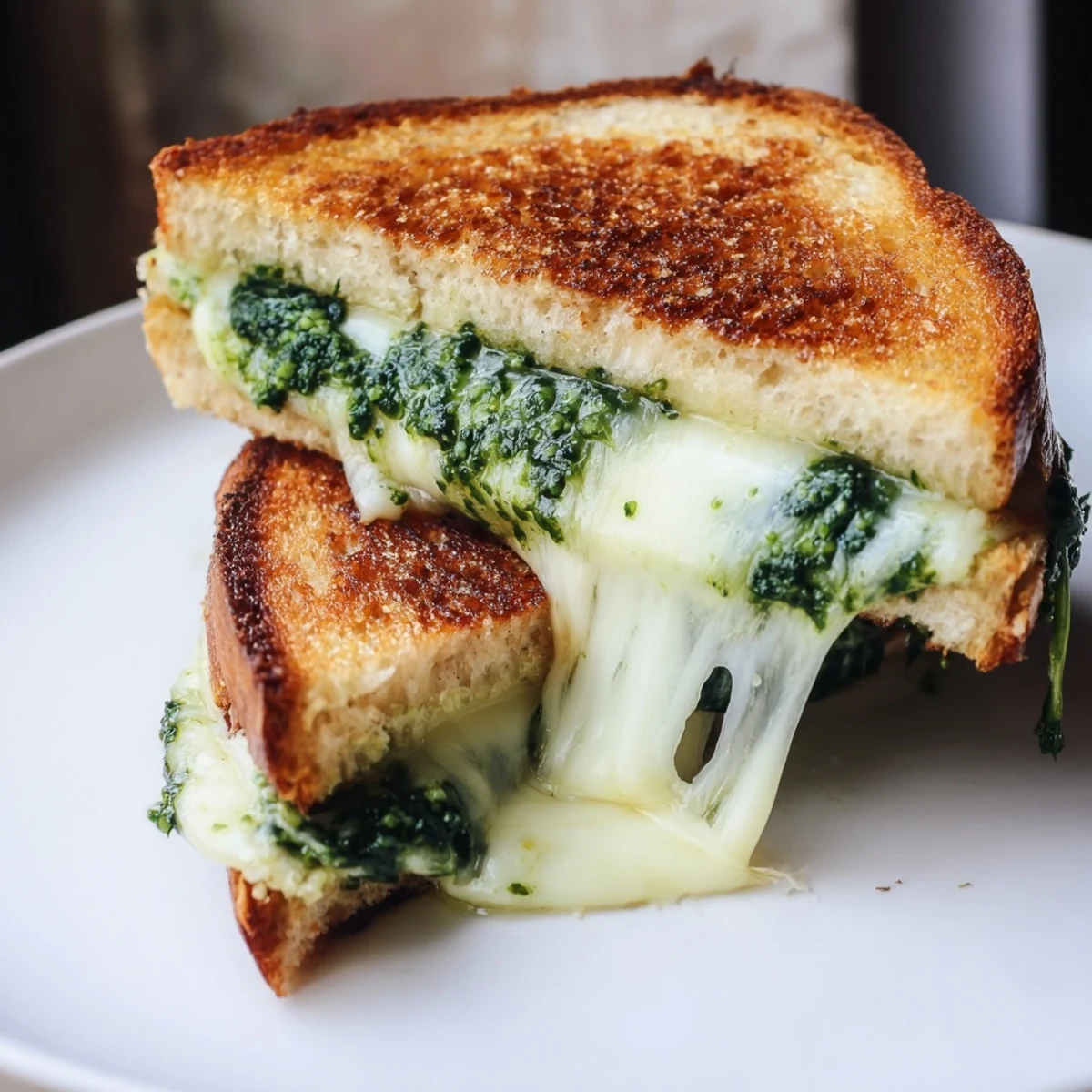 The crispy, buttery crust of a Spinach Pesto Grilled Cheese reveals layers of mozzarella, cheddar, and garlicky green pesto in this vegetarian lunch.