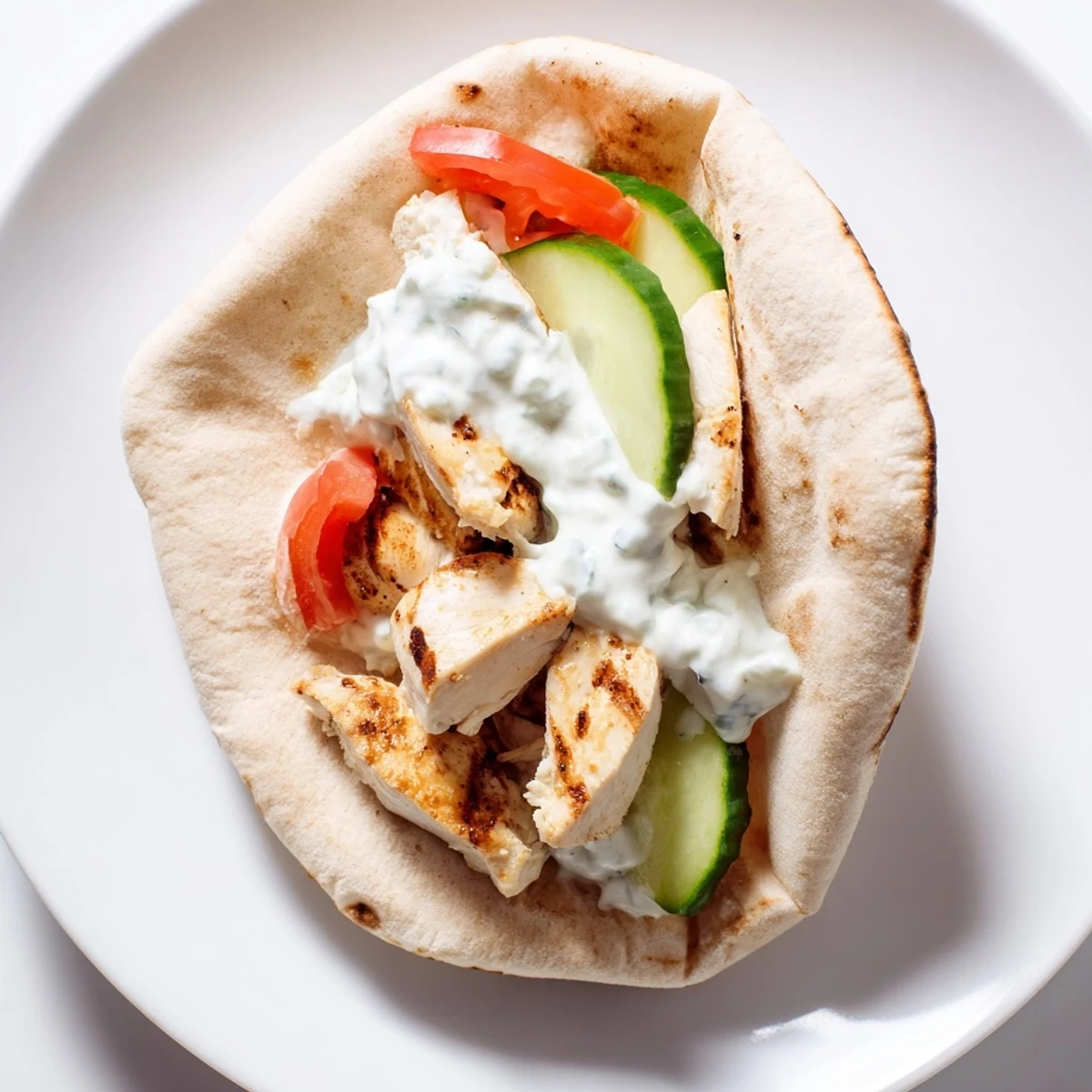 Freshly assembled Greek Chicken Wraps served on a white plate, filled with juicy grilled chicken, crisp cucumbers, and ripe tomatoes, ready for a quick lunch.